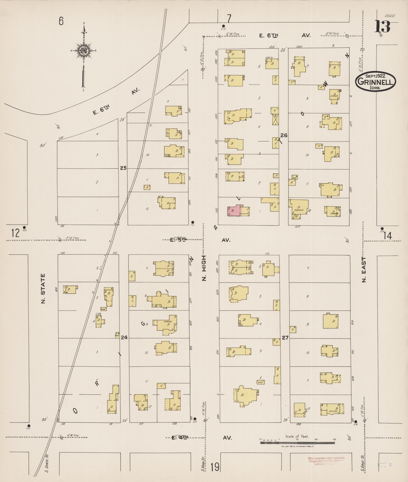 Sanborn Fire Insurance Map from Grinnell, Poweshiek County, Iowa (1922), Sheet #0013 - Historic Sanborn Fire Insurance Map Print, vintage old map wall art