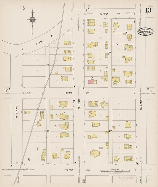 Sanborn Fire Insurance Map from Grinnell, Poweshiek County, Iowa (1922), Sheet #0013 - Historic Sanborn Fire Insurance Map Print, vintage old map wall art