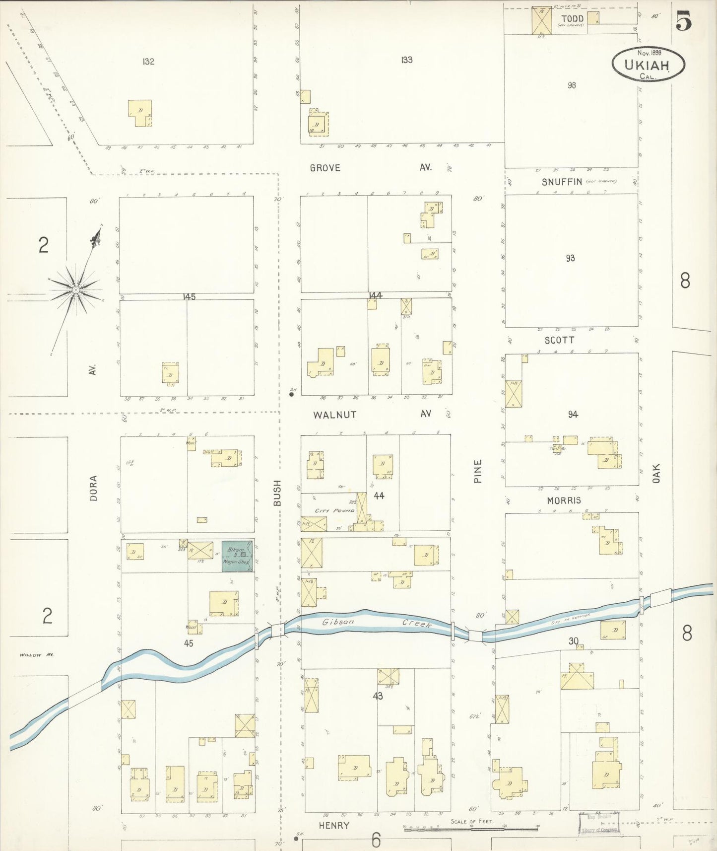 Sanborn Fire Insurance Map from Ukiah, Mendocino County, California (1898), Sheet #0005 - Complete Map Set gallery image, historic Sanborn map, vintage wall art, California California