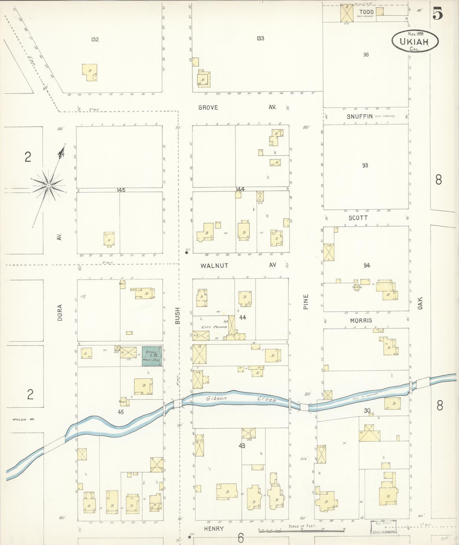 Sanborn Fire Insurance Map from Ukiah, Mendocino County, California (1898), Sheet #0005 - Complete Map Set gallery image, historic Sanborn map, vintage wall art, California California