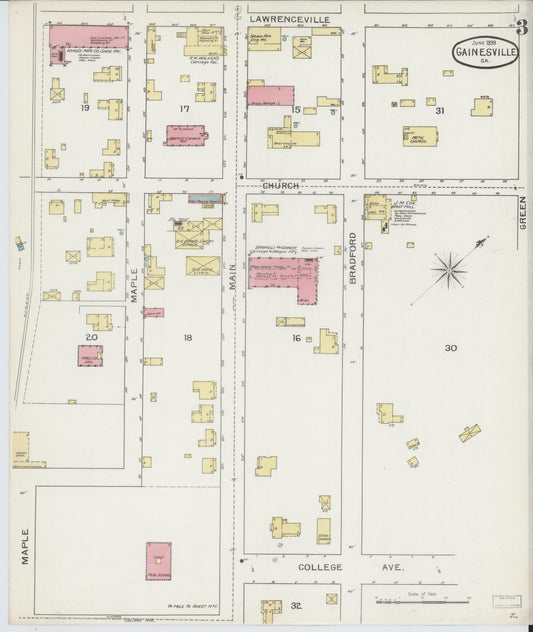 Sanborn Fire Insurance Map from Gainesville, Hall County, Georgia (1893), Sheet #0003 - Historic Sanborn Fire Insurance Map Print, vintage old map wall art, antique decor, genealogy gift, Georgia Georgia map