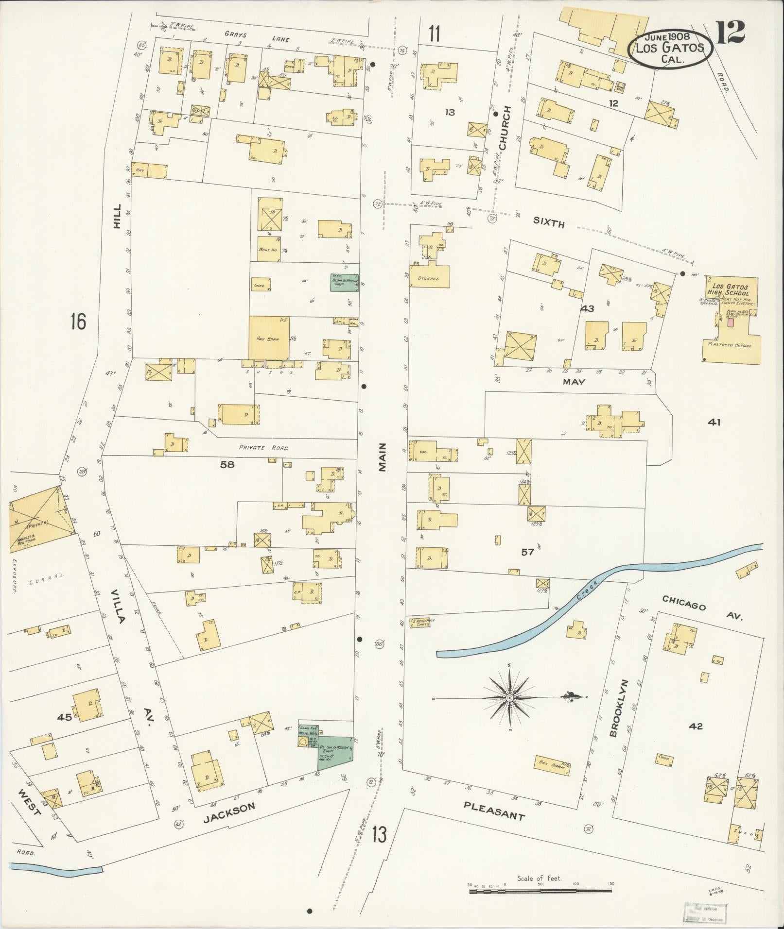 Sanborn Fire Insurance Map from Los Gatos, Santa Clara County, California (1908), Sheet #0012 - Historic Sanborn Fire Insurance Map Print, vintage old map wall art, antique decor, genealogy gift, California California map
