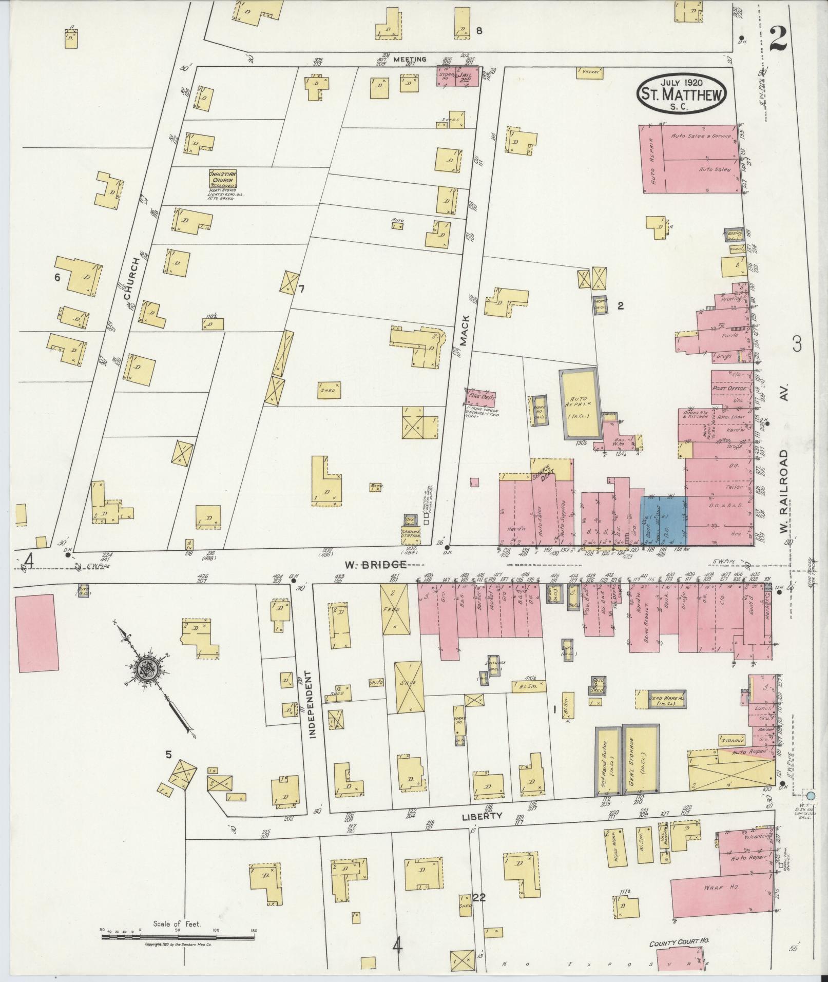 Sanborn Fire Insurance Map from Saint Matthews, Calhoun County, South Carolina (1920), Sheet #0002 - Complete Map Set gallery image, historic Sanborn map, vintage wall art, South Carolina South Carolina