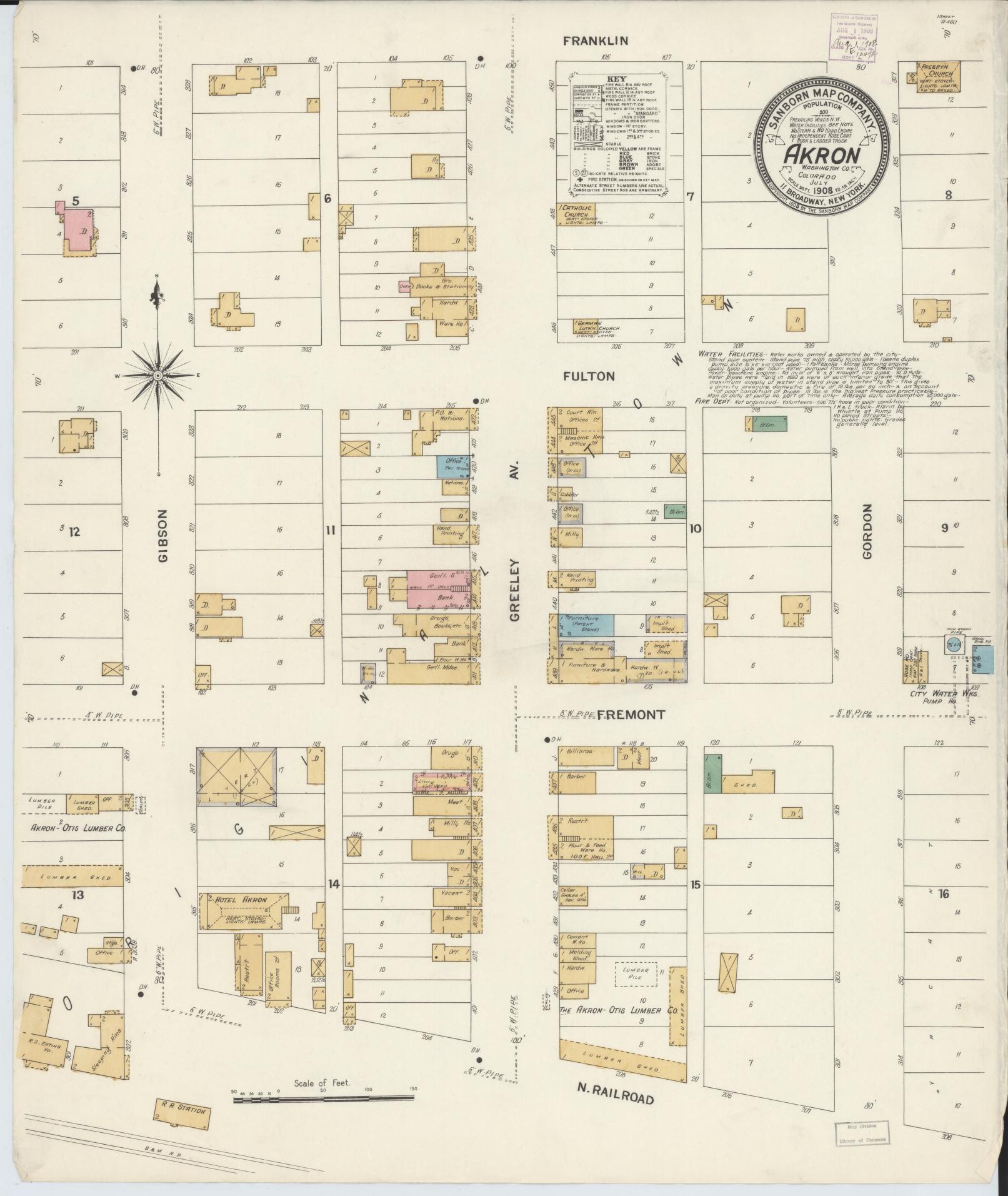 Sanborn Fire Insurance Map from Akron, Washington County, Colorado (1908), Sheet #0001 - Historic Sanborn Fire Insurance Map Print, vintage old map wall art, antique decor, genealogy gift, Colorado Colorado map