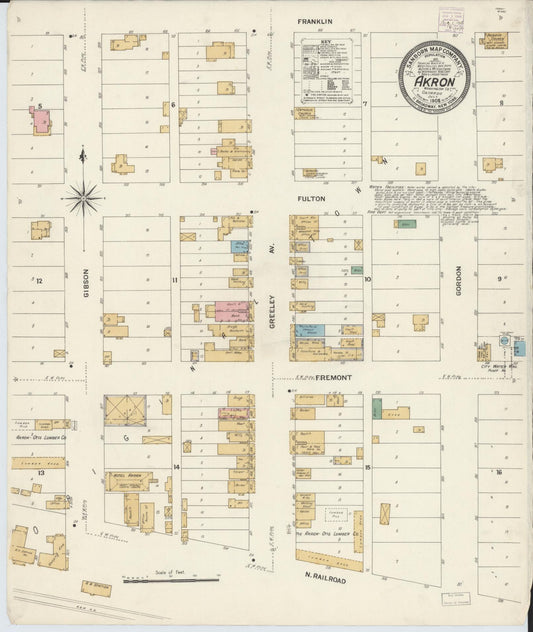 Sanborn Fire Insurance Map from Akron, Washington County, Colorado (1908), Sheet #0001 - Historic Sanborn Fire Insurance Map Print, vintage old map wall art, antique decor, genealogy gift, Colorado Colorado map