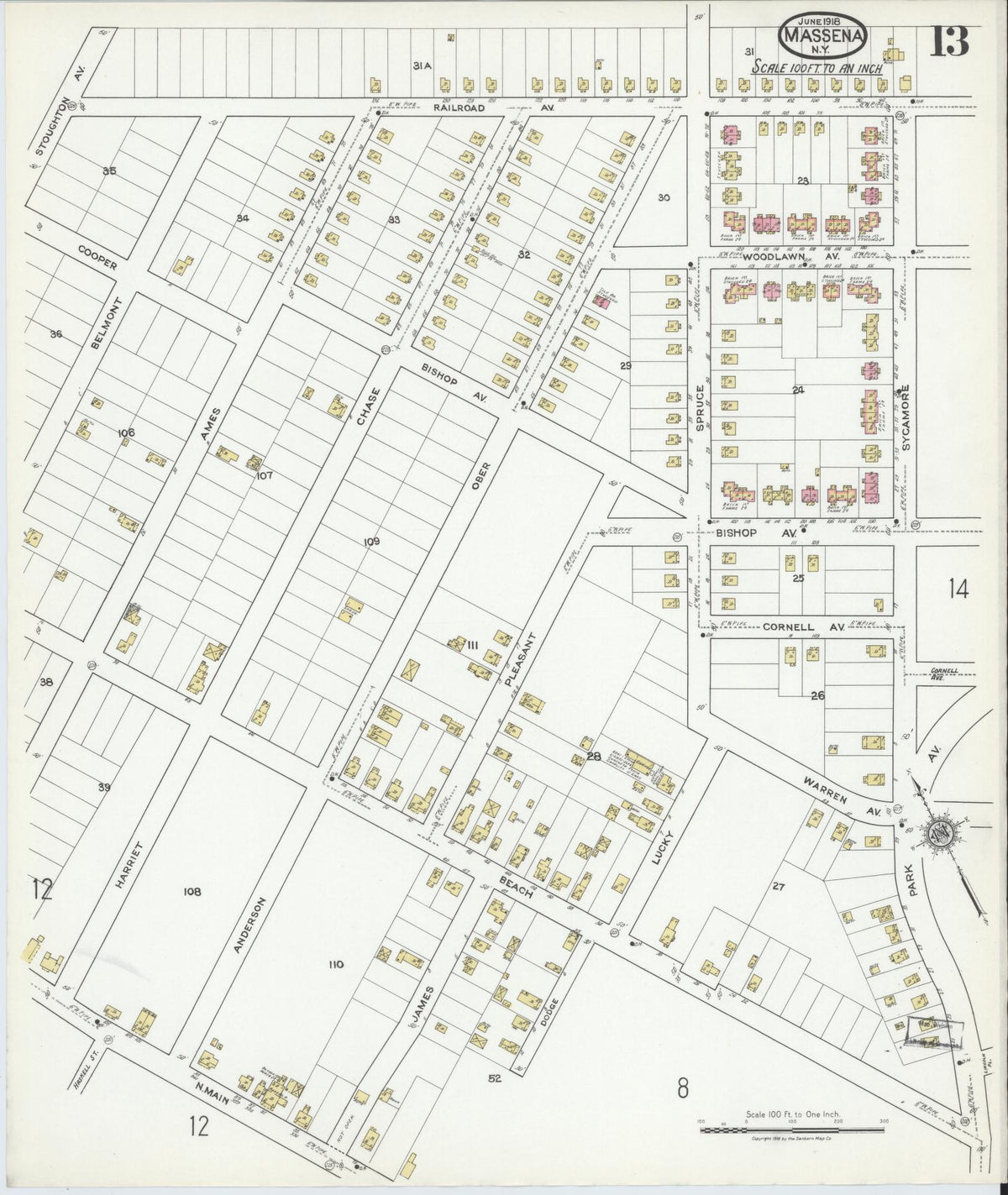 Sanborn Fire Insurance Map from Massena, St. Lawrence County, New York (1918), Sheet #0013 - Complete Map Set gallery image, historic Sanborn map, vintage wall art, New York New York