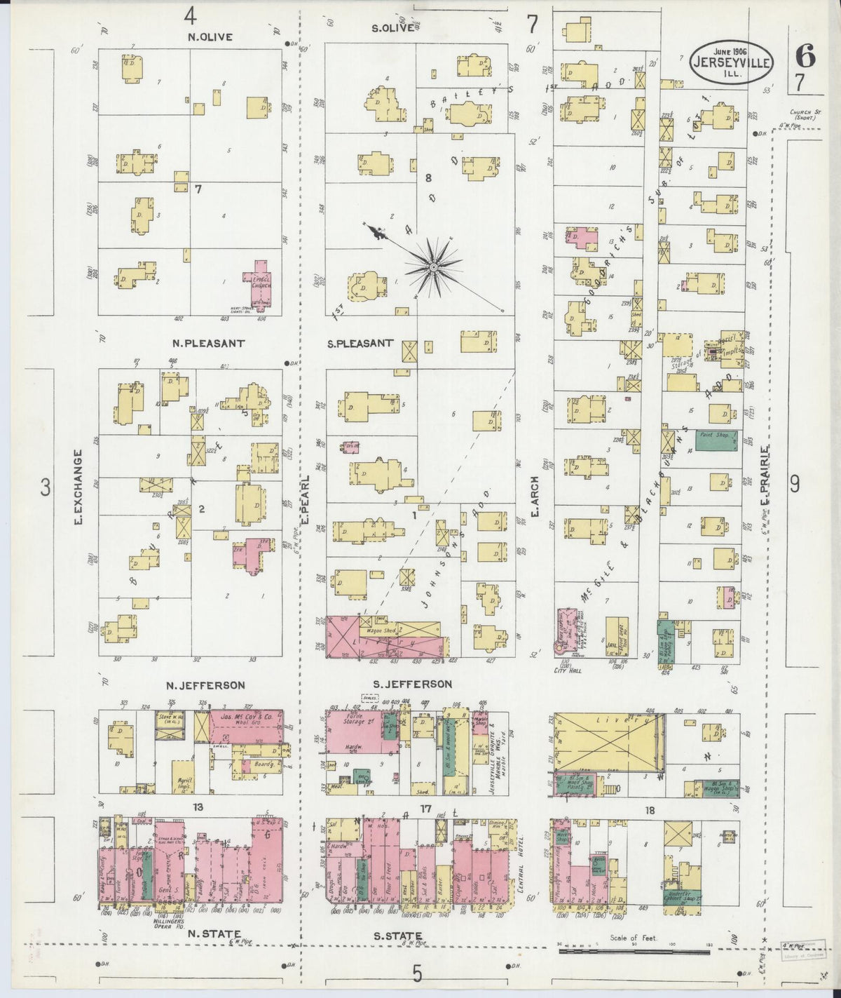 Sanborn Fire Insurance Map from Jerseyville, Jersey County, Illinois (1906), Sheet #0006 - Complete Map Set gallery image, historic Sanborn map, vintage wall art, Illinois Illinois