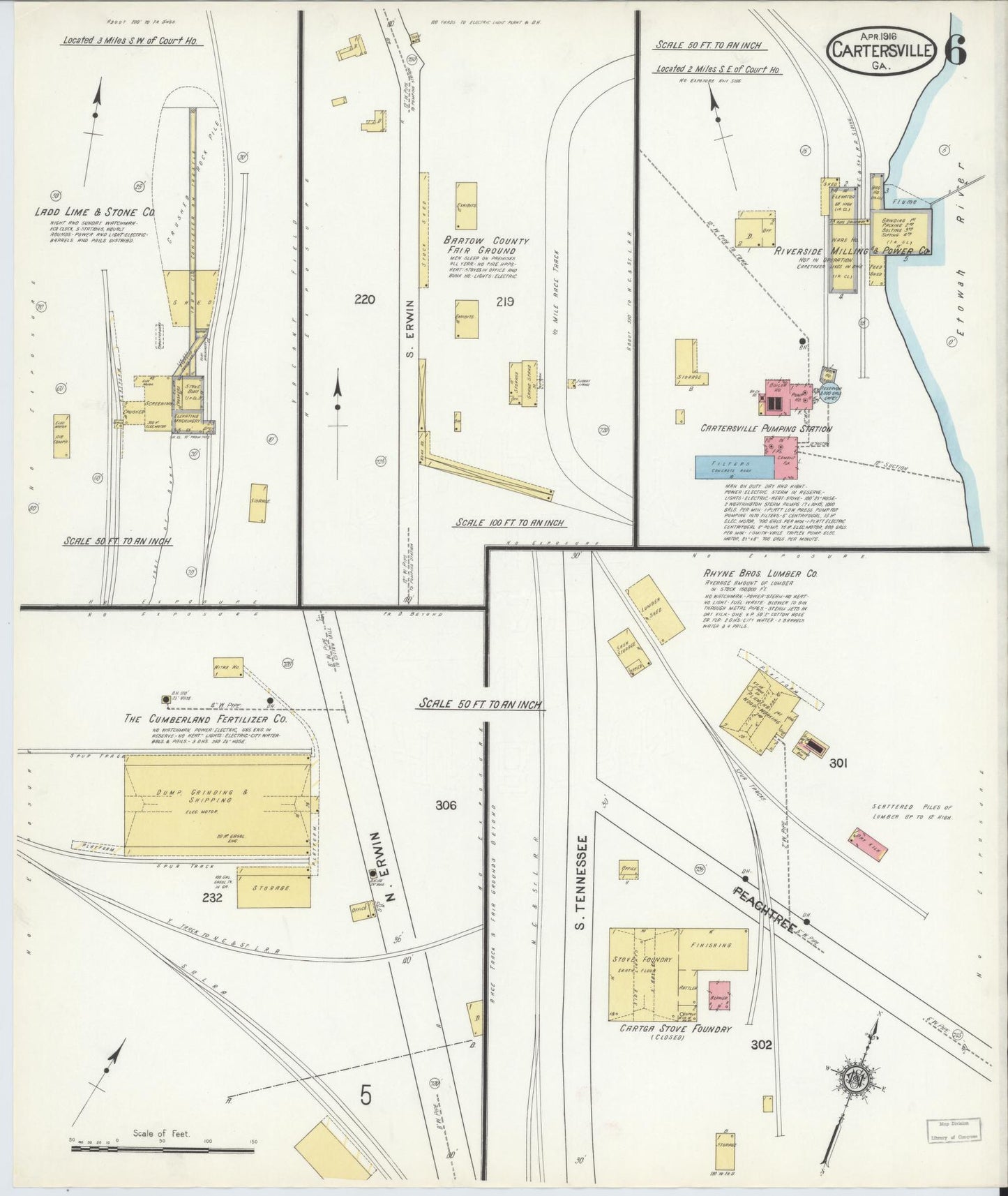 Sanborn Fire Insurance Map from Cartersville, Bartow County, Georgia (1916), Sheet #0006 - Complete Map Set gallery image, historic Sanborn map, vintage wall art, Georgia Georgia
