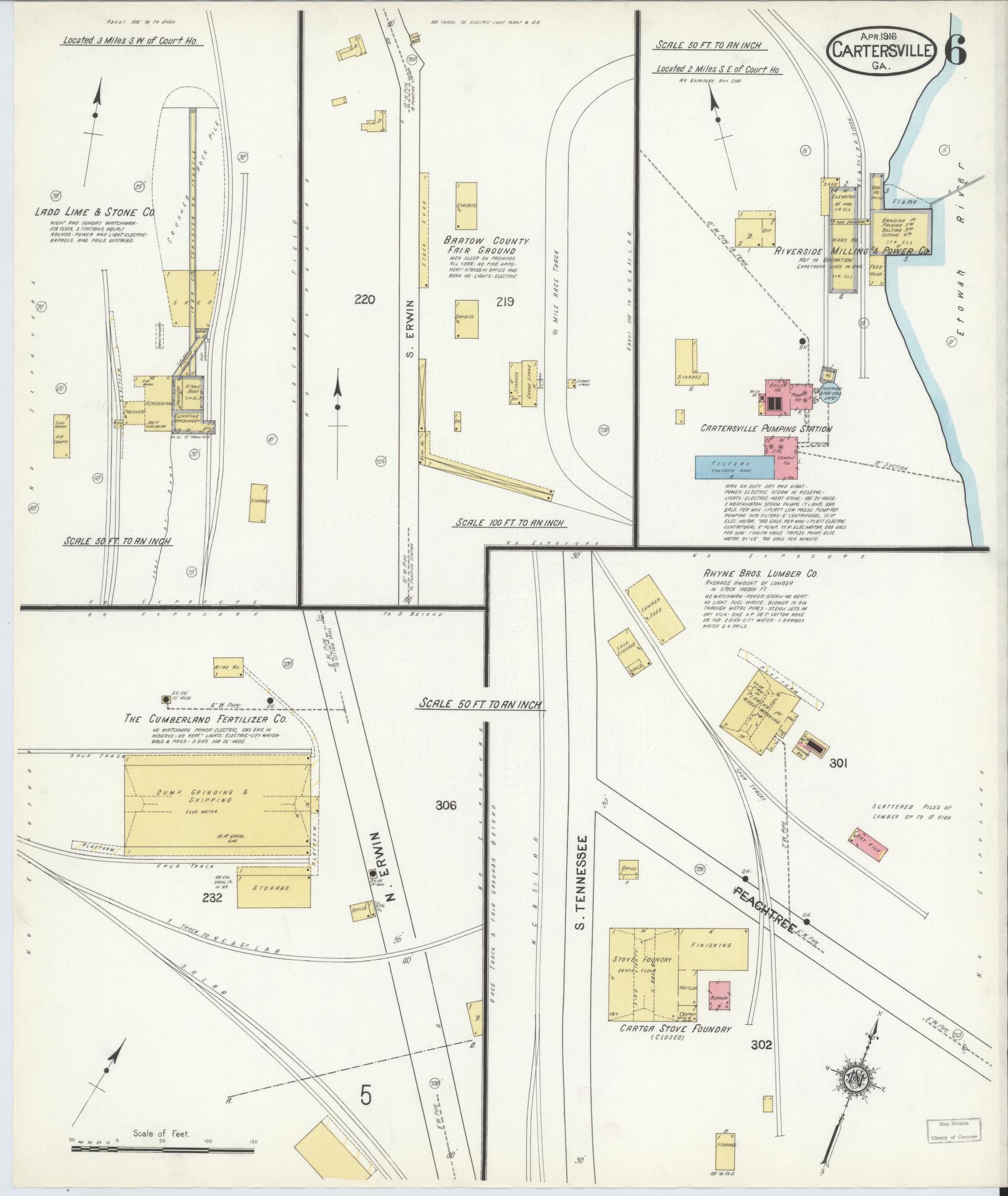 Sanborn Fire Insurance Map from Cartersville, Bartow County, Georgia (1916), Sheet #0006 - Complete Map Set gallery image, historic Sanborn map, vintage wall art, Georgia Georgia