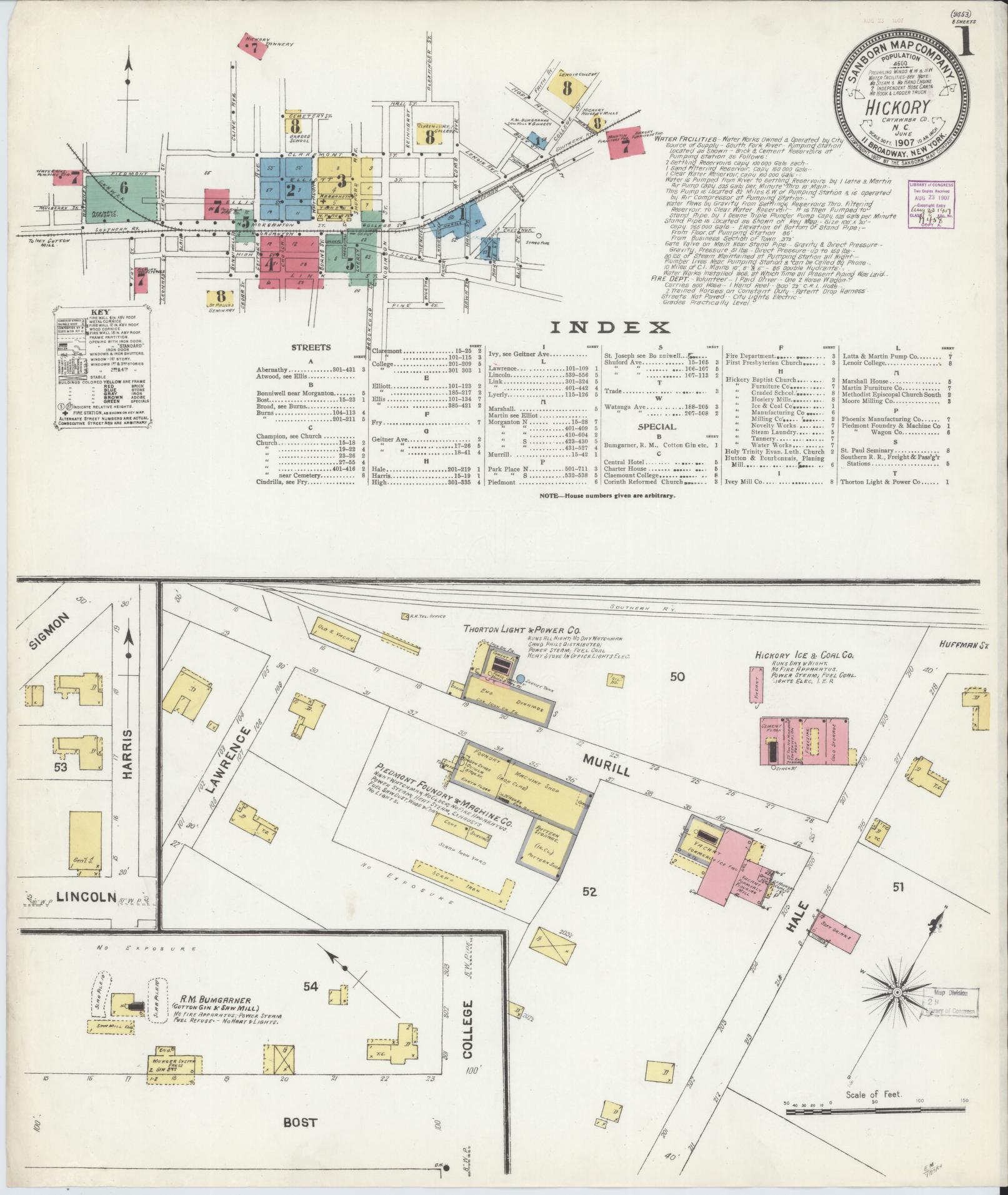 Sanborn Fire Insurance Map from Hickory, Catawba County, North Carolina (1907), Sheet #0001 - Complete Map Set gallery image, historic Sanborn map, vintage wall art, North Carolina North Carolina