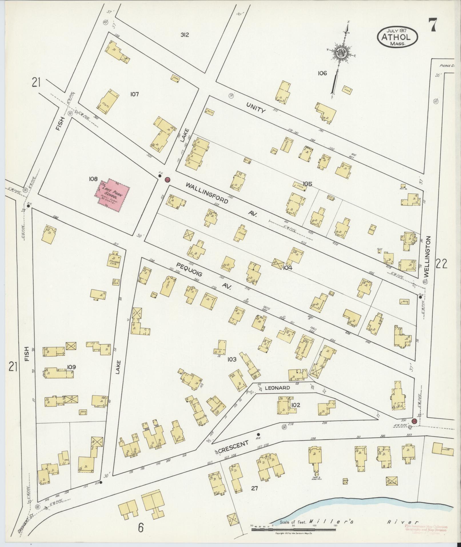 Sanborn Fire Insurance Map from Athol, Worcester County, Massachusetts (1917), Sheet #0007 - Complete Map Set gallery image, historic Sanborn map, vintage wall art, Massachusetts Massachusetts