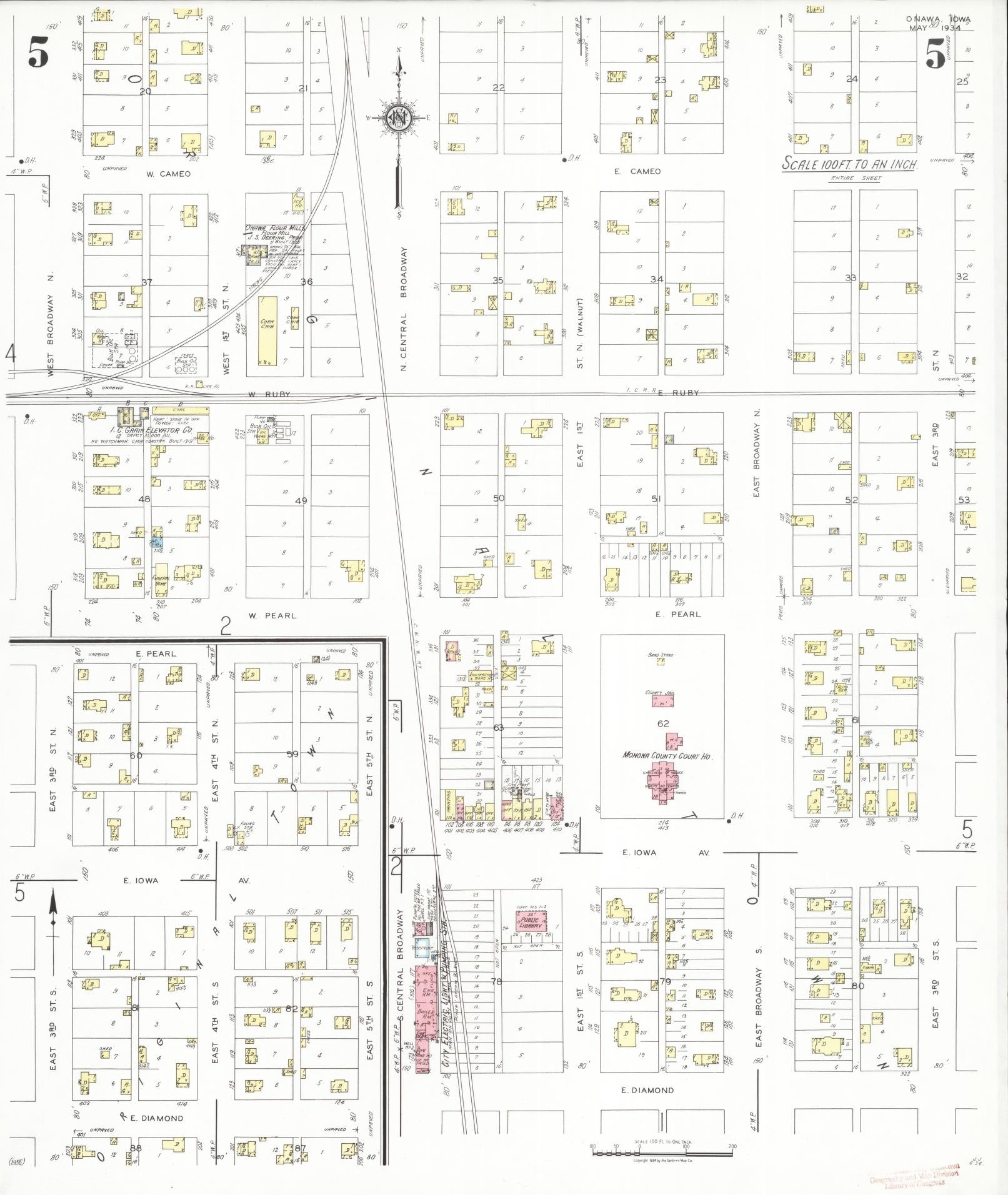 Sanborn Fire Insurance Map from Onawa, Monona County, Iowa (1934), Sheet #0005 - Historic Sanborn Fire Insurance Map Print, vintage old map wall art