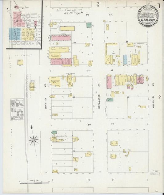 Sanborn Fire Insurance Map from Claremore, Rogers County, Oklahoma (1896), Sheet #0001 - Historic Sanborn Fire Insurance Map Print, vintage old map wall art, antique decor, genealogy gift, Oklahoma Oklahoma map