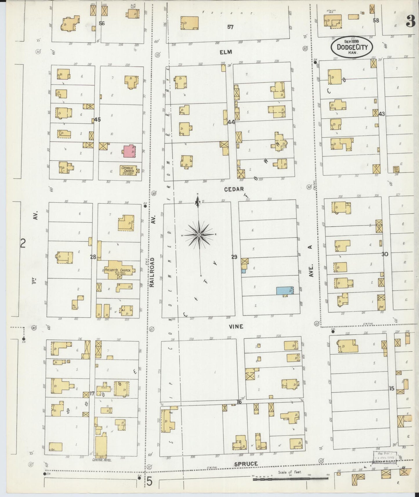 Sanborn Fire Insurance Map from Dodge City, Ford County, Kansas (1899), Sheet #0003 - Historic Sanborn Fire Insurance Map Print, vintage old map wall art, antique decor, genealogy gift, Kansas Kansas map