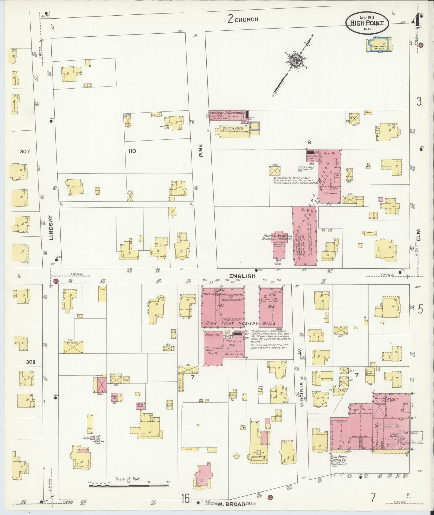 Sanborn Fire Insurance Map from High Point, Guilford County, North Carolina (1911), Sheet #0004 - Complete Map Set gallery image, historic Sanborn map, vintage wall art, North Carolina North Carolina
