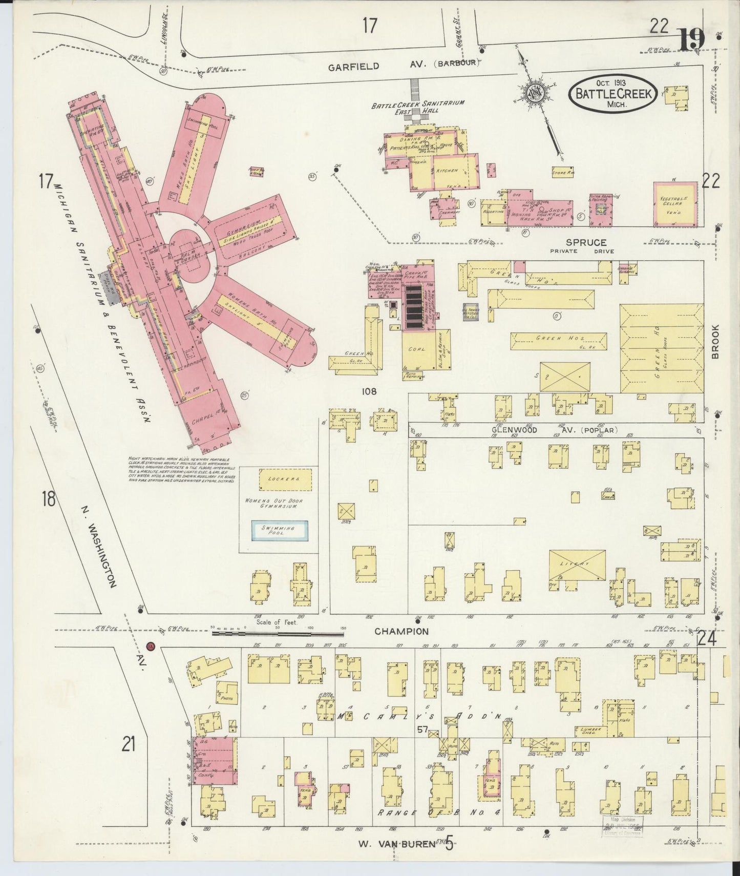 Sanborn Fire Insurance Map from Battle Creek, Calhoun County, Michigan (1913), Sheet #0019 - Historic Sanborn Fire Insurance Map Print, vintage old map wall art, antique decor, genealogy gift, Michigan Michigan map