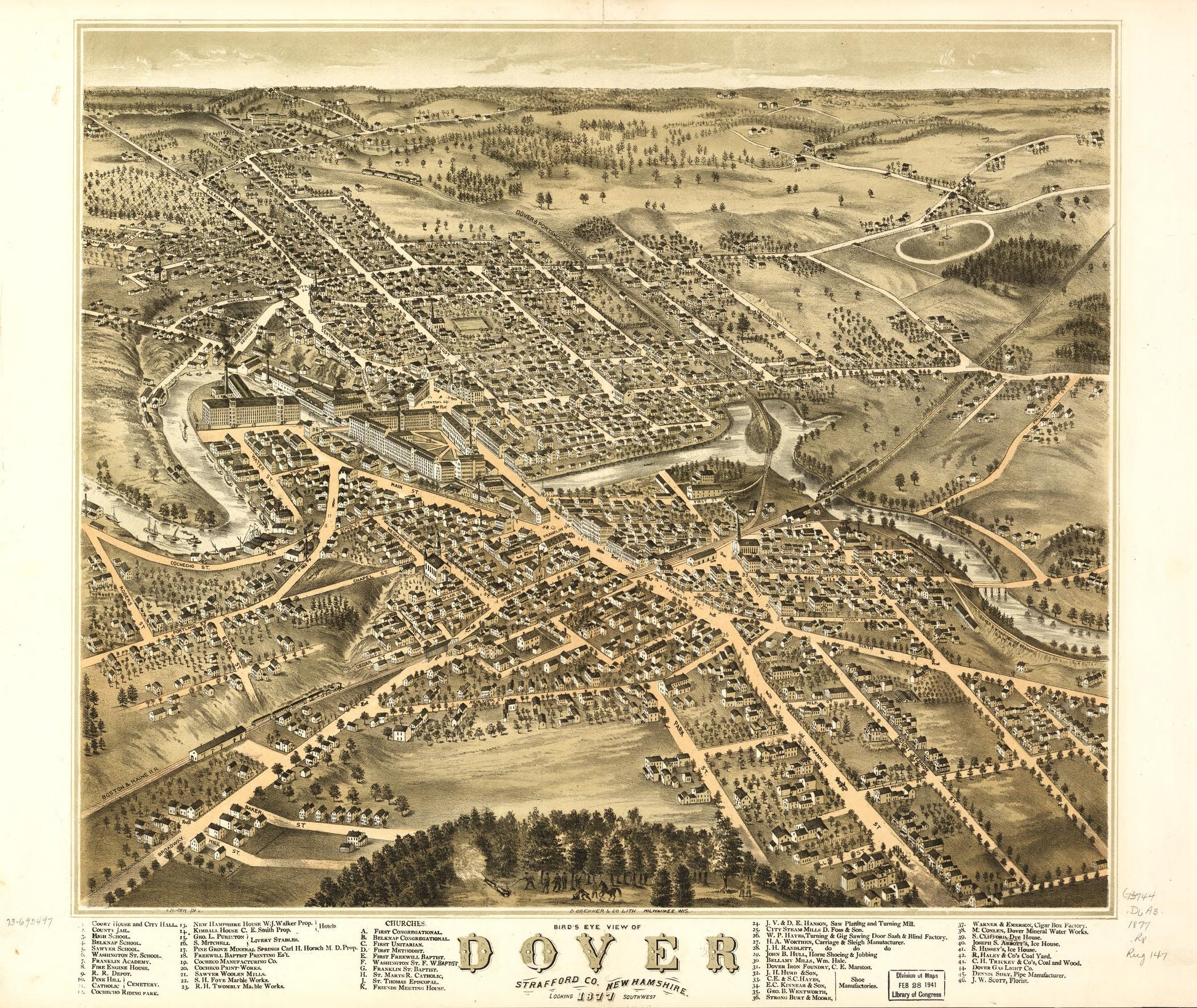 Bird's eye view of Dover, Strafford Co., New Hampshire 1877. (1877) – Historic Bird’s-Eye View Panorama Print