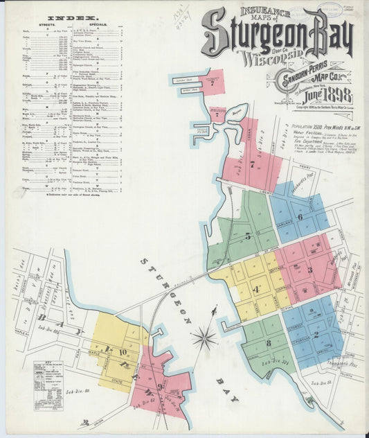 Sanborn Fire Insurance Map from Sturgeon Bay, Door County, Wisconsin (1898), Sheet #0001 - Historic Sanborn Fire Insurance Map Print, vintage old map wall art, antique decor, genealogy gift, Wisconsin Wisconsin map