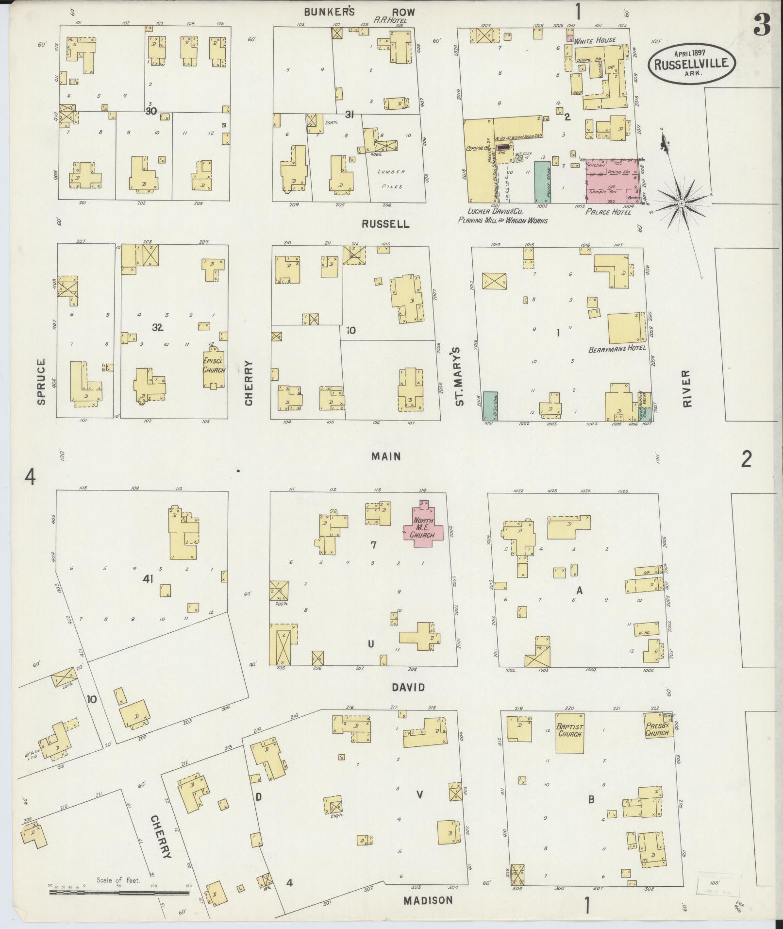 Sanborn Fire Insurance Map from Russellville, Pope County, Arkansas (1897), Sheet #0003 - Complete Map Set gallery image, historic Sanborn map, vintage wall art, Arkansas Arkansas