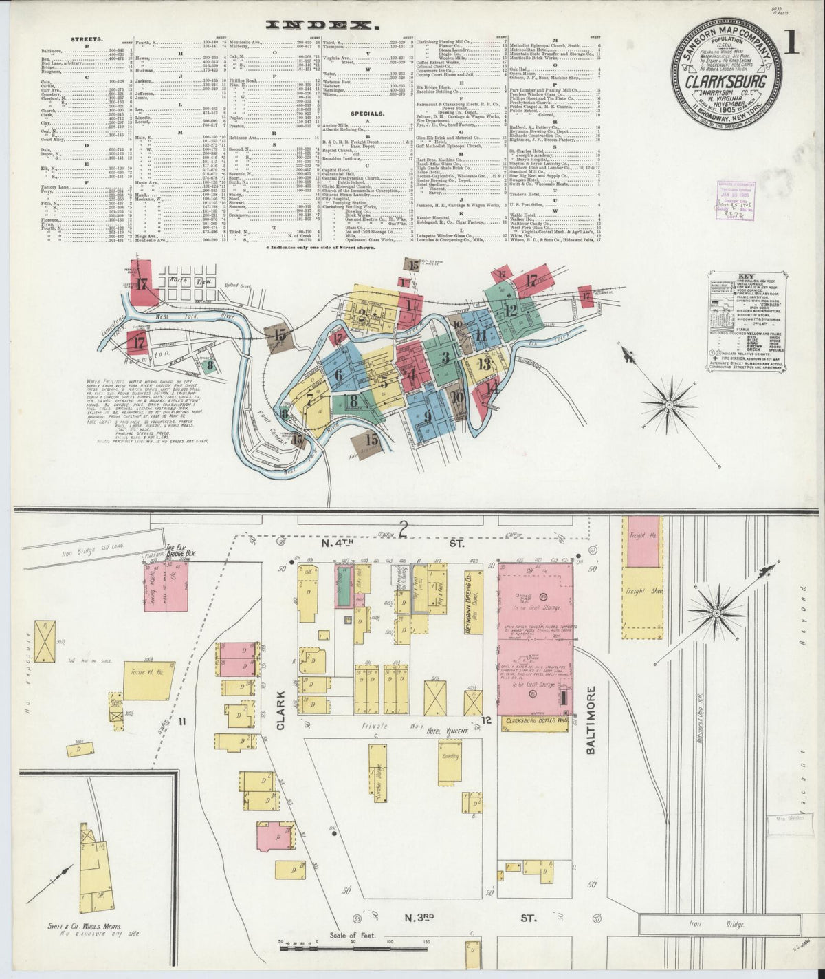 Sanborn Fire Insurance Map from Clarksburg, Harrison County, West Virginia (1905), Sheet #0001 - Complete Map Set gallery image, historic Sanborn map, vintage wall art, West Virginia West Virginia