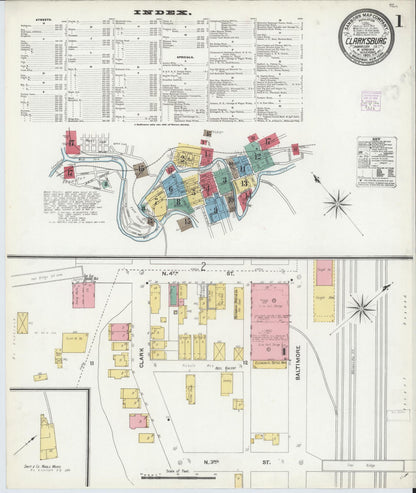 Sanborn Fire Insurance Map from Clarksburg, Harrison County, West Virginia (1905), Sheet #0001 - Complete Map Set gallery image, historic Sanborn map, vintage wall art, West Virginia West Virginia