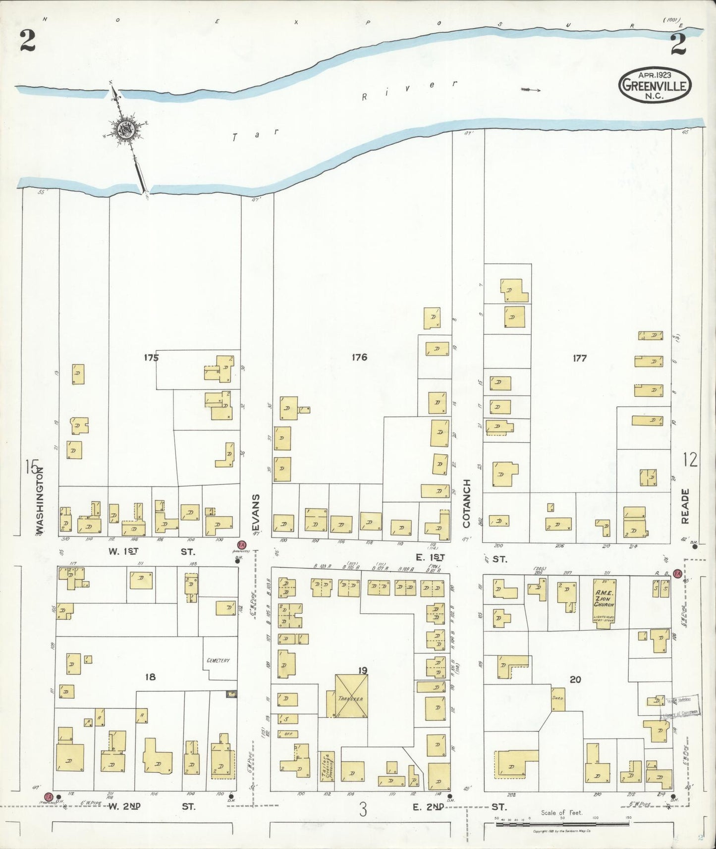 Sanborn Fire Insurance Map from Greenville, Pitt County, North Carolina (1923), Sheet #0002 - Complete Map Set gallery image, historic Sanborn map, vintage wall art, North Carolina North Carolina