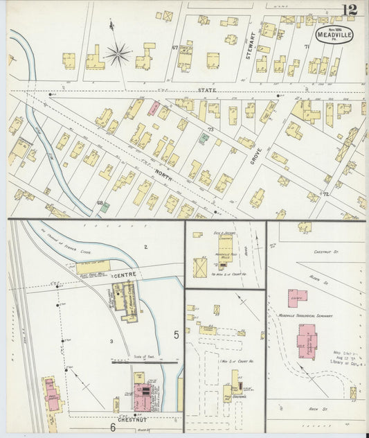 Sanborn Fire Insurance Map from Meadville, Crawford County, Pennsylvania (1896), Sheet #0012 - Historic Sanborn Fire Insurance Map Print, vintage old map wall art, antique decor, genealogy gift, Pennsylvania Pennsylvania map