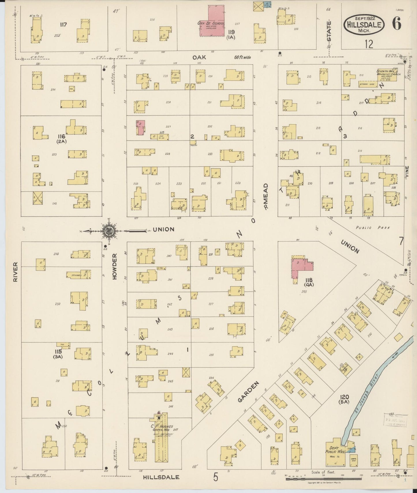 Sanborn Fire Insurance Map from Hillsdale, Hillsdale County, Michigan (1922), Sheet #0006 - Complete Map Set gallery image, historic Sanborn map, vintage wall art, Michigan Michigan