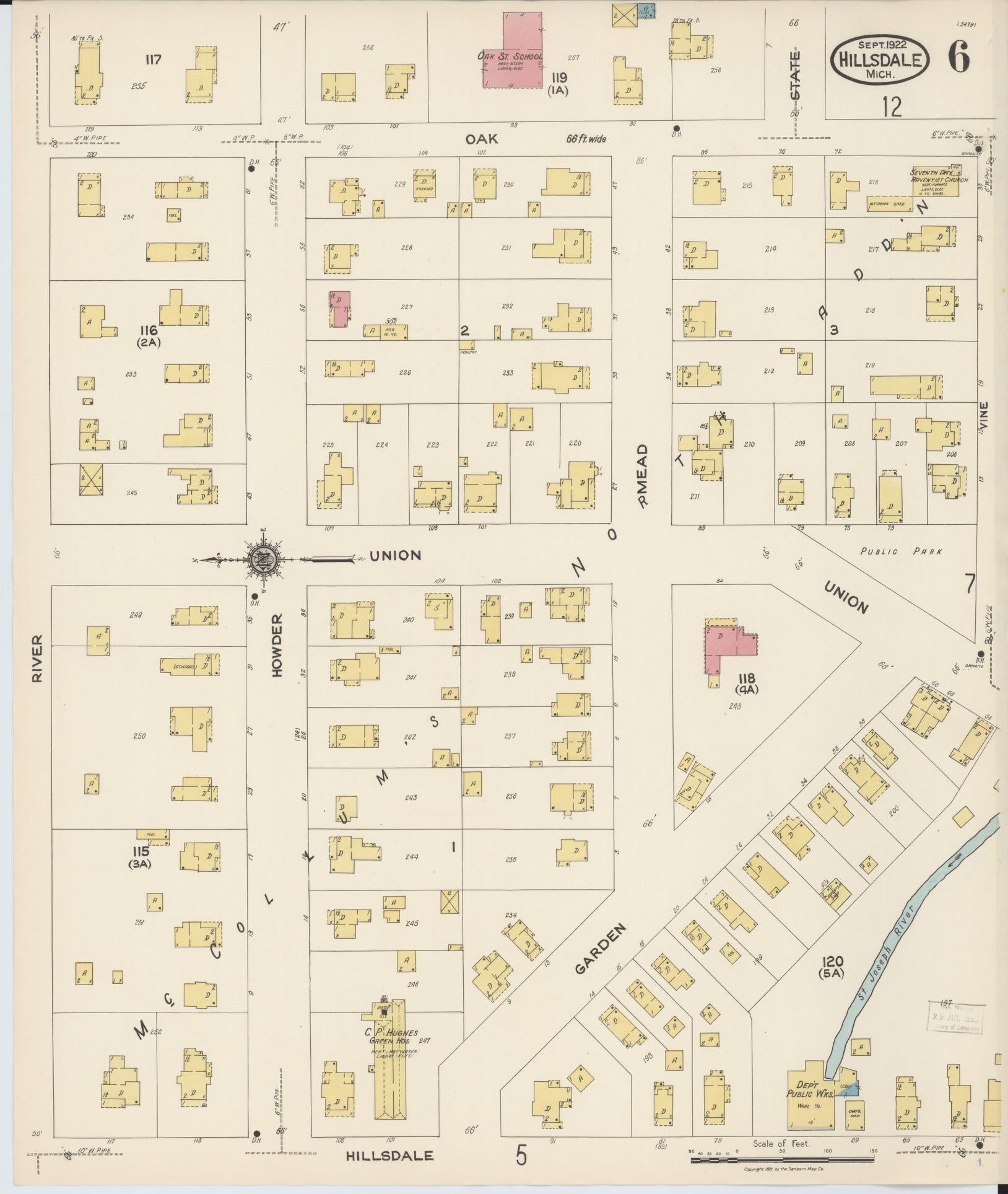 Sanborn Fire Insurance Map from Hillsdale, Hillsdale County, Michigan (1922), Sheet #0006 - Complete Map Set gallery image, historic Sanborn map, vintage wall art, Michigan Michigan