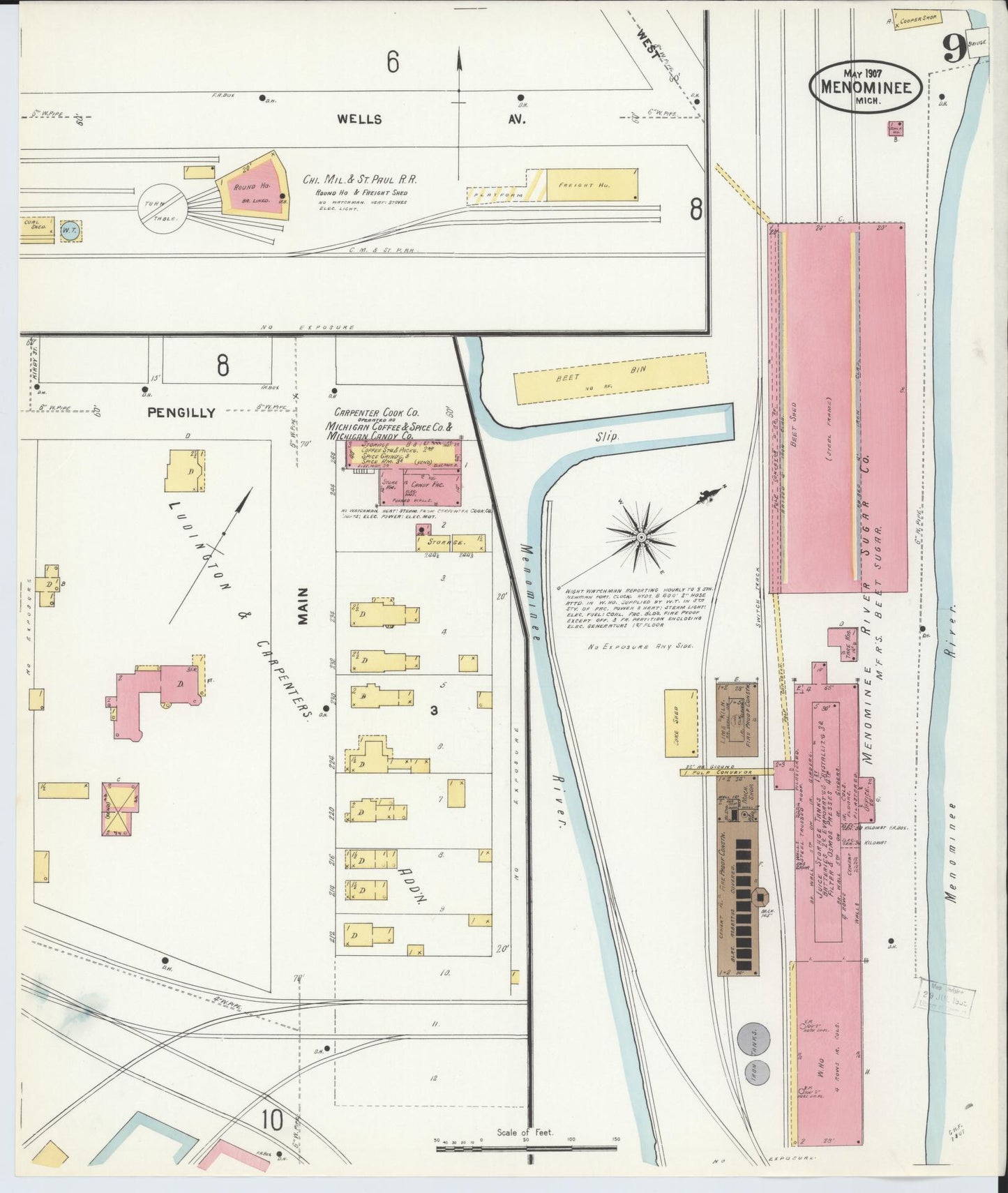 Sanborn Fire Insurance Map from Menominee, Menominee County, Michigan (1907), Sheet #0009 - Complete Map Set gallery image, historic Sanborn map, vintage wall art, Michigan Michigan