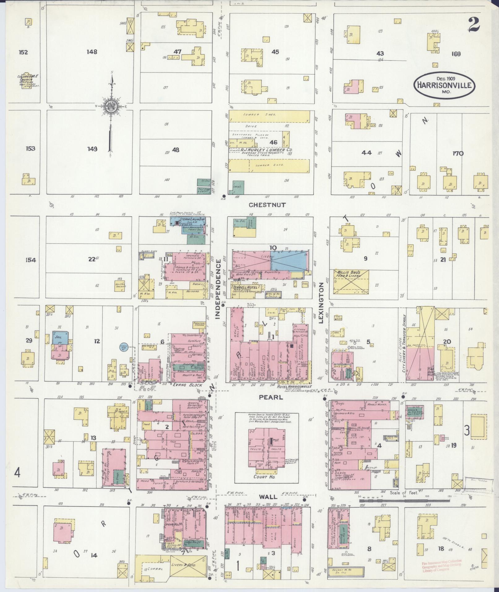 Sanborn Fire Insurance Map from Harrisonville, Cass County, Missouri (1909), Sheet #0002 - Historic Sanborn Fire Insurance Map Print, vintage old map wall art, antique decor, genealogy gift, Missouri Missouri map