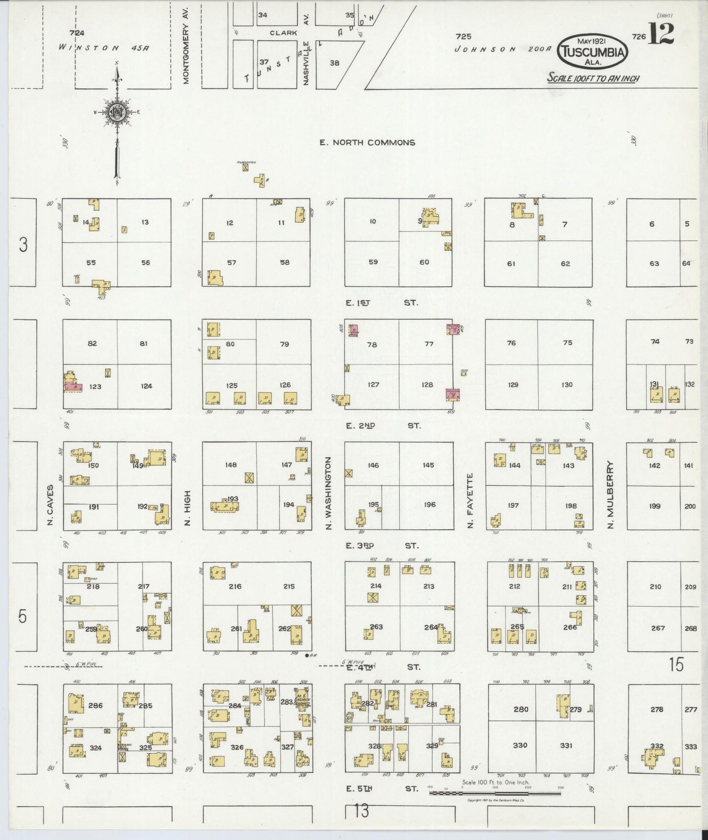 Sanborn Fire Insurance Map from Tuscumbia, Colbert County, Alabama (1921), Sheet #0012 - Complete Map Set gallery image, historic Sanborn map, vintage wall art, Alabama Alabama