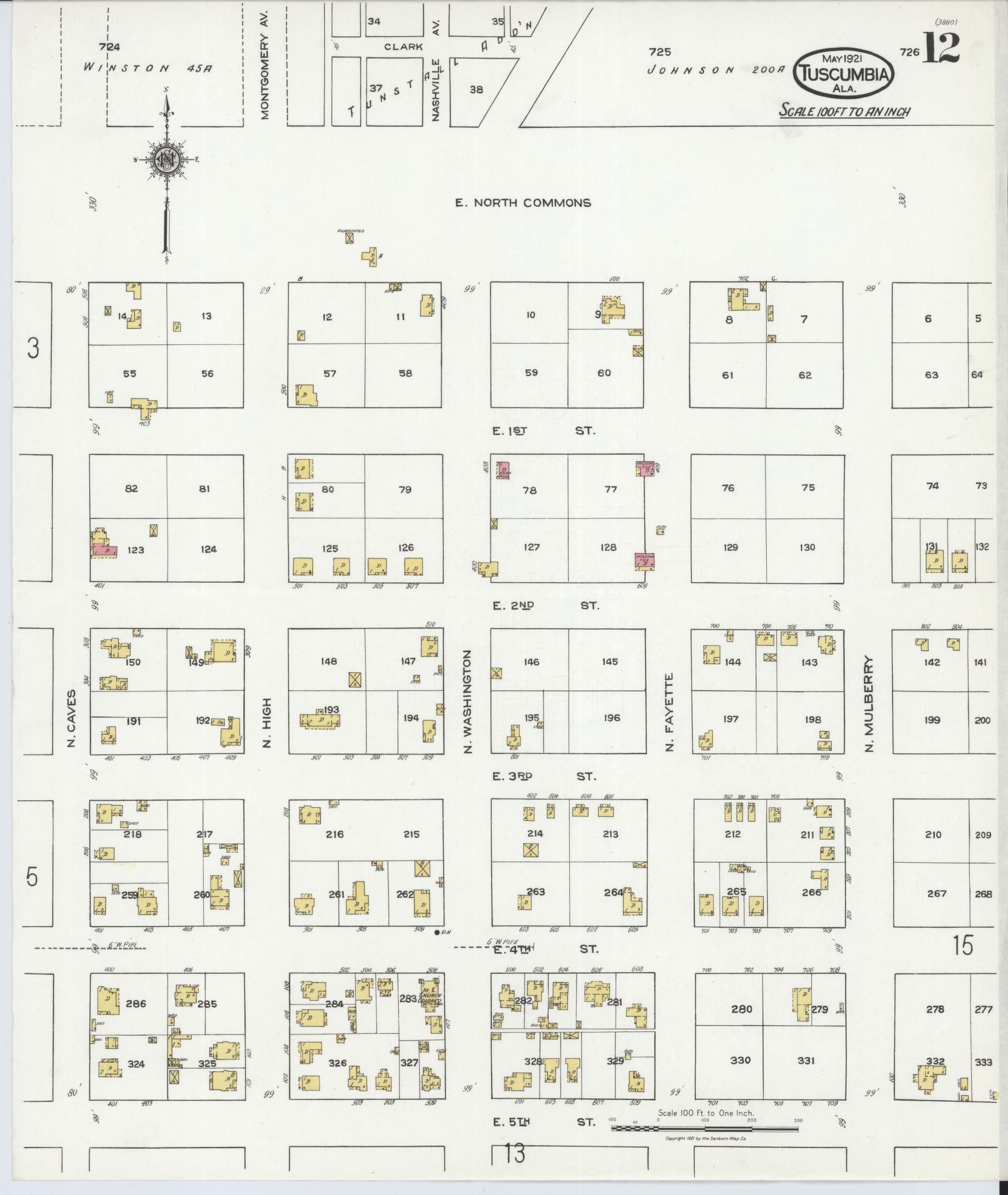Sanborn Fire Insurance Map from Tuscumbia, Colbert County, Alabama (1921), Sheet #0012 - Complete Map Set gallery image, historic Sanborn map, vintage wall art, Alabama Alabama