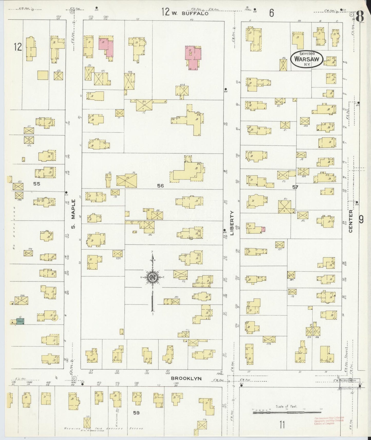 Sanborn Fire Insurance Map from Warsaw, Wyoming County, New York (1909), Sheet #0008 - Historic Sanborn Fire Insurance Map Print, vintage old map wall art, antique decor, genealogy gift, Warsaw Wyoming map