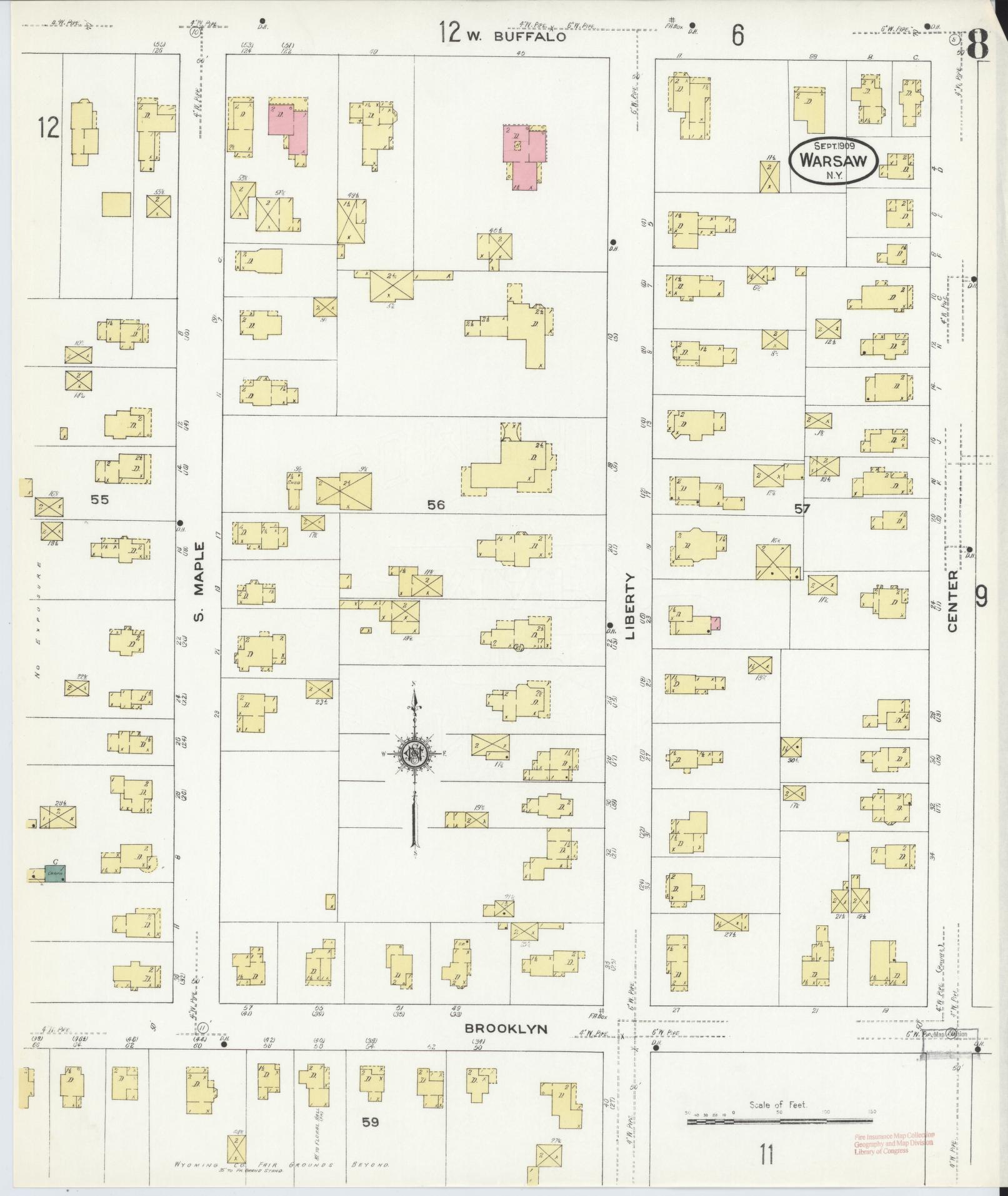 Sanborn Fire Insurance Map from Warsaw, Wyoming County, New York (1909), Sheet #0008 - Historic Sanborn Fire Insurance Map Print, vintage old map wall art, antique decor, genealogy gift, Warsaw Wyoming map