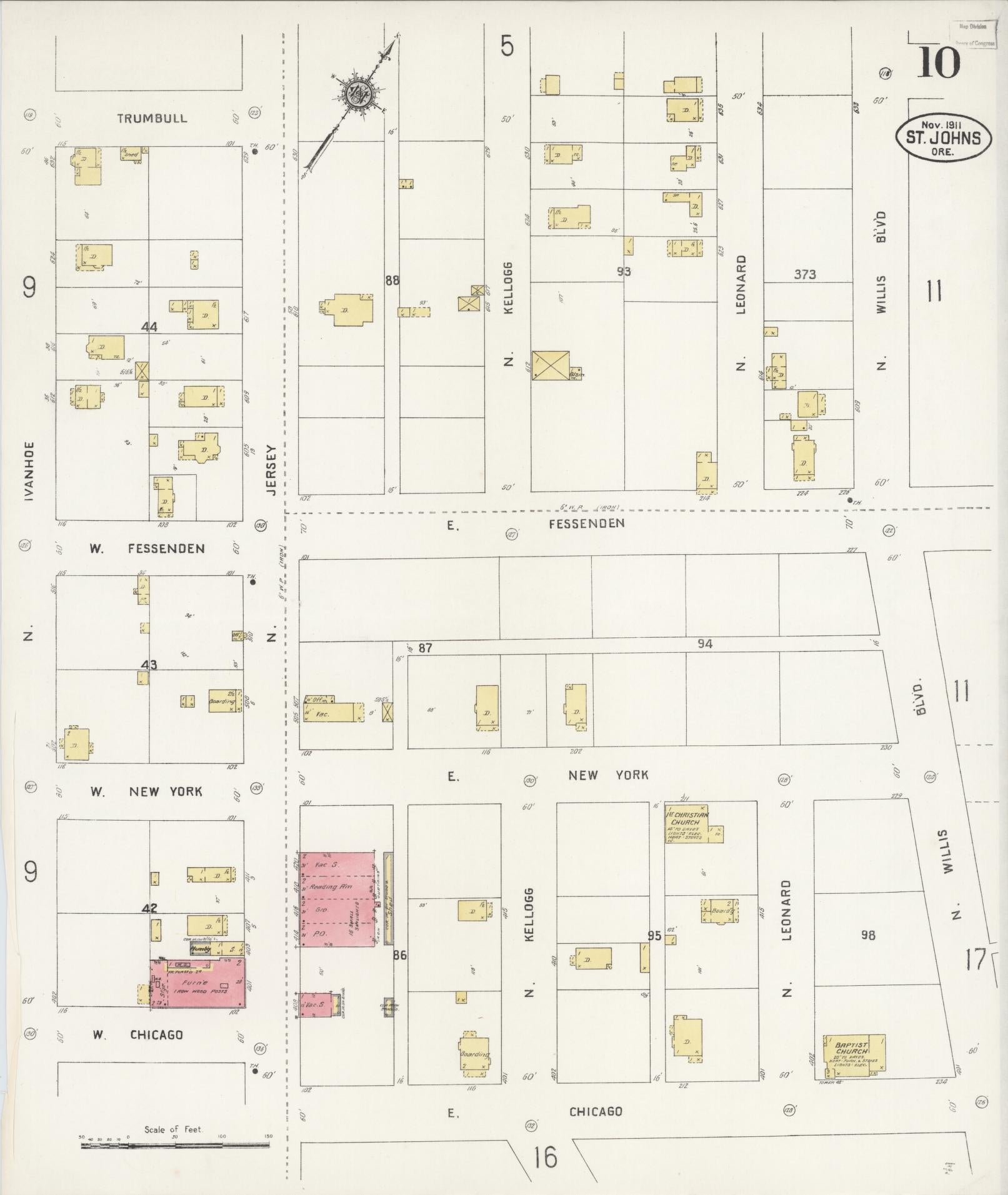 Sanborn Fire Insurance Map from Saint Johns, Multnomah County, Oregon (1911), Sheet #0010 - Historic Sanborn Fire Insurance Map Print, vintage old map wall art, antique decor, genealogy gift, Oregon Oregon map