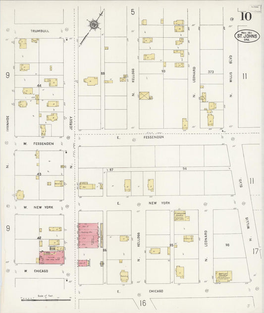 Sanborn Fire Insurance Map from Saint Johns, Multnomah County, Oregon (1911), Sheet #0010 - Historic Sanborn Fire Insurance Map Print, vintage old map wall art, antique decor, genealogy gift, Oregon Oregon map