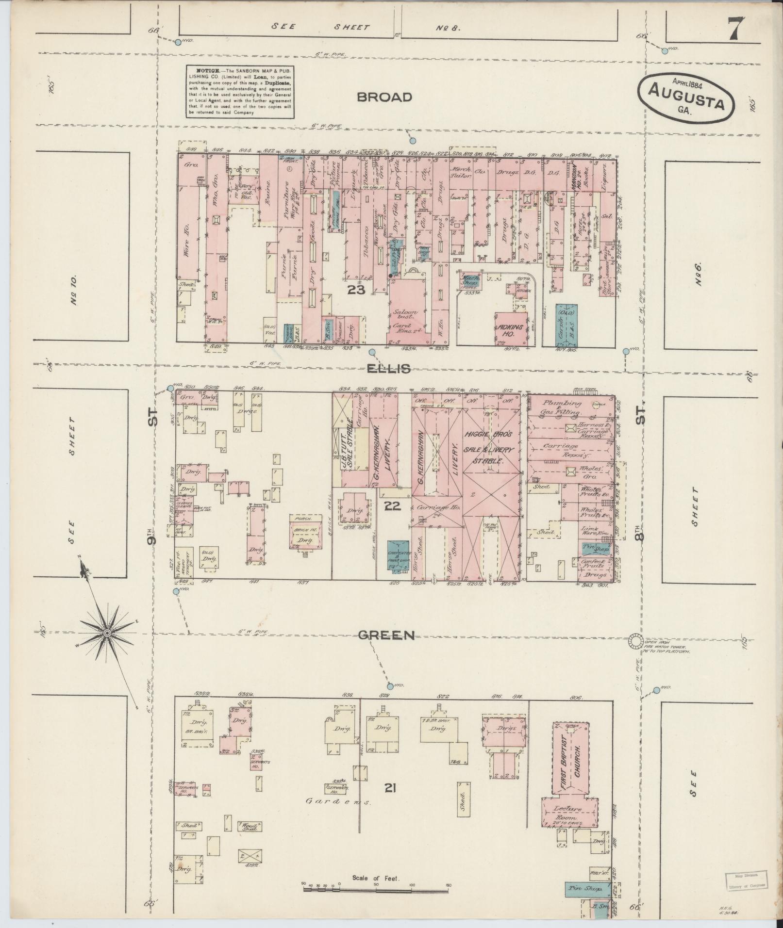 Sanborn Fire Insurance Map from Augusta, Richmond County, Georgia (1884), Sheet #0007 - Historic Sanborn Fire Insurance Map Print, vintage old map wall art, antique decor, genealogy gift, Georgia Georgia map