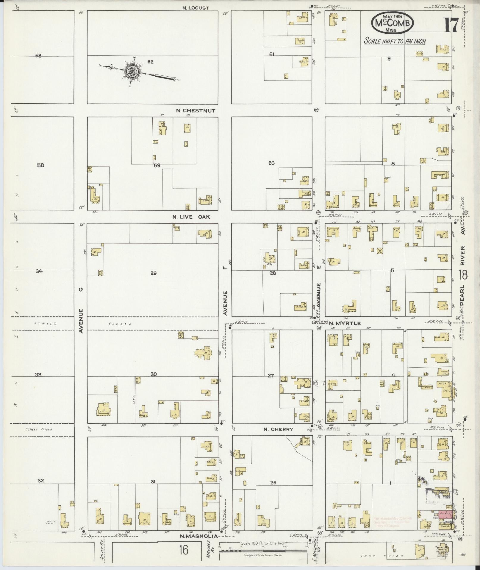 Sanborn Fire Insurance Map from McComb, Pike County, Mississippi (1918), Sheet #0017 - Complete Map Set gallery image, historic Sanborn map, vintage wall art, Mississippi Mississippi
