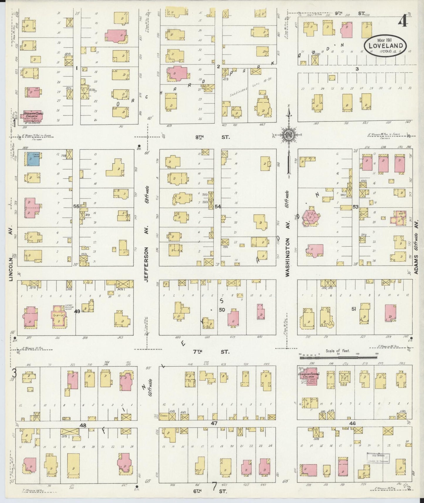 Sanborn Fire Insurance Map from Loveland, Larimer County, Colorado (1911), Sheet #0004 - Historic Sanborn Fire Insurance Map Print, vintage old map wall art, antique decor, genealogy gift, Colorado Colorado map