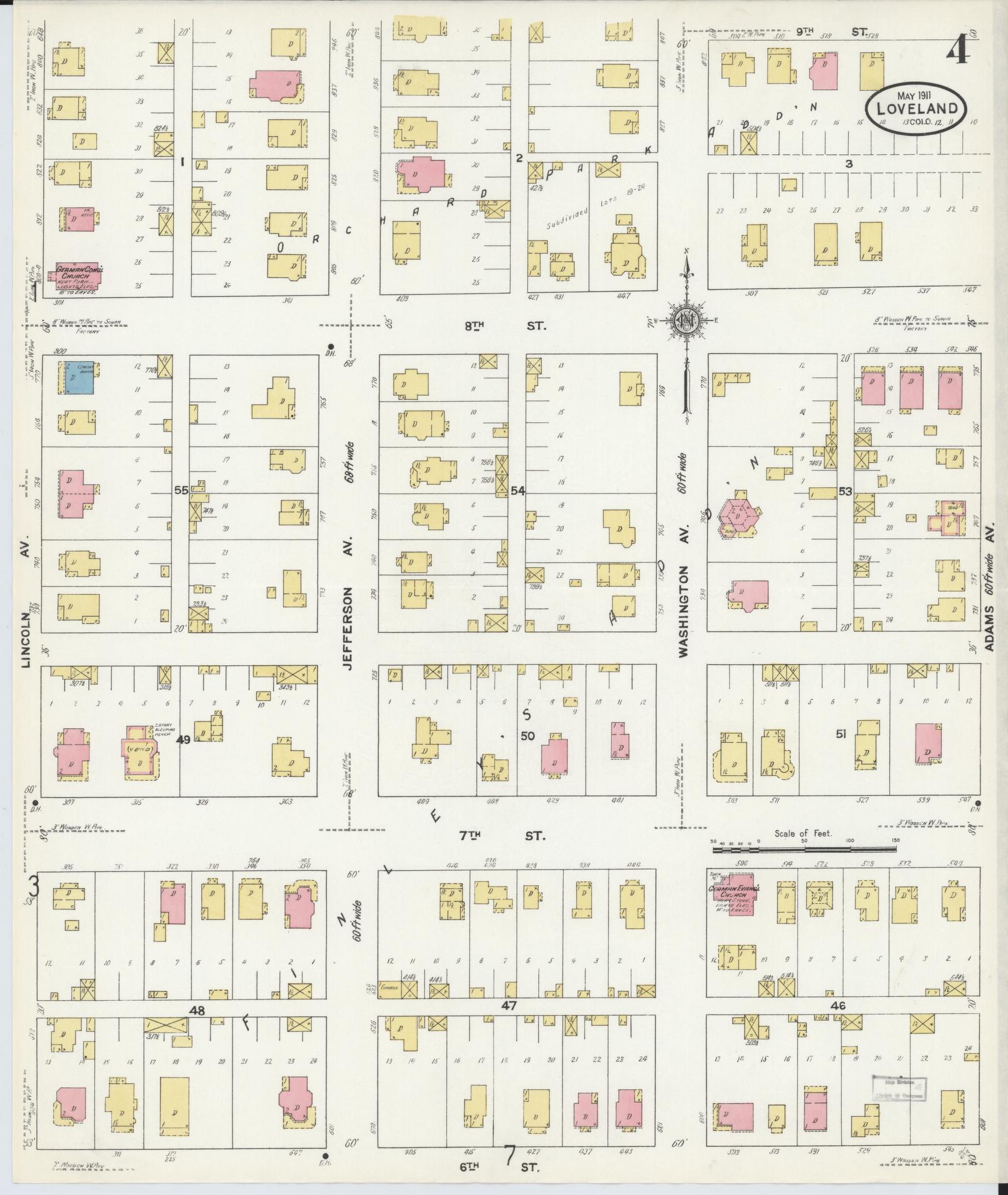 Sanborn Fire Insurance Map from Loveland, Larimer County, Colorado (1911), Sheet #0004 - Historic Sanborn Fire Insurance Map Print, vintage old map wall art, antique decor, genealogy gift, Colorado Colorado map