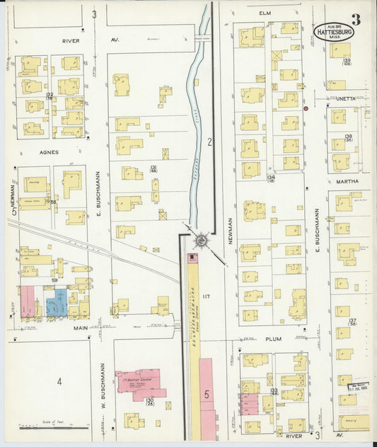 Sanborn Fire Insurance Map from Hattiesburg, Forrest County, Mississippi (1915), Sheet #0003 - Historic Sanborn Fire Insurance Map Print, vintage old map wall art, antique decor, genealogy gift, Mississippi Mississippi map