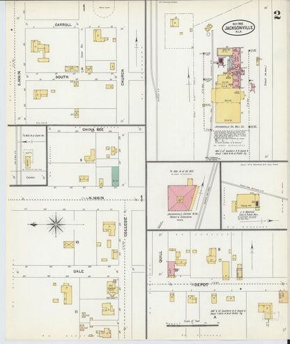 Sanborn Fire Insurance Map from Jacksonville, Calhoun County, Alabama (1905), Sheet #0002 - Complete Map Set gallery image, historic Sanborn map, vintage wall art, Alabama Alabama
