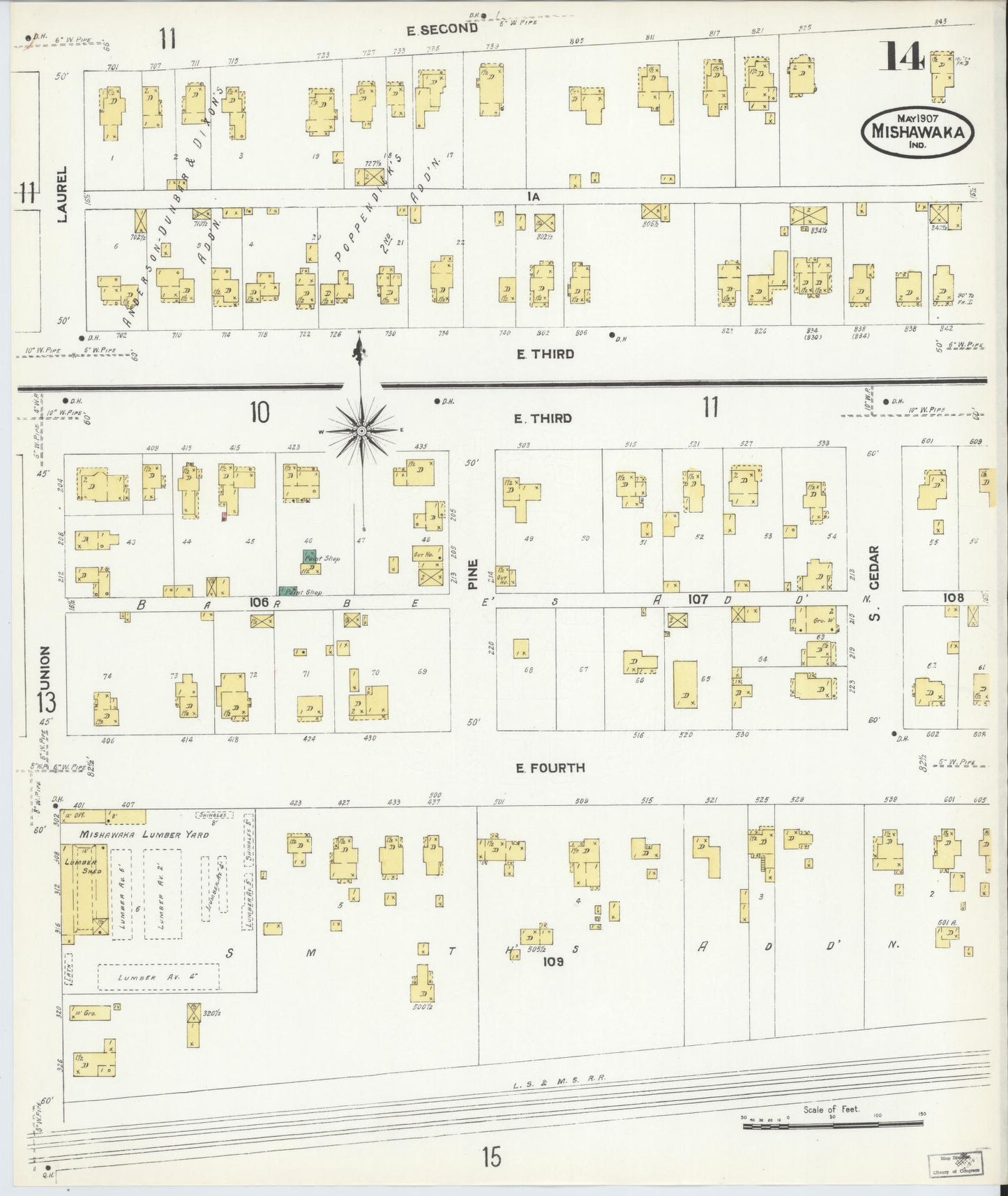 Sanborn Fire Insurance Map from Mishawaka, Saint Joseph County, Indiana (1907), Sheet #0014 - Complete Map Set gallery image, historic Sanborn map, vintage wall art, Indiana Indiana