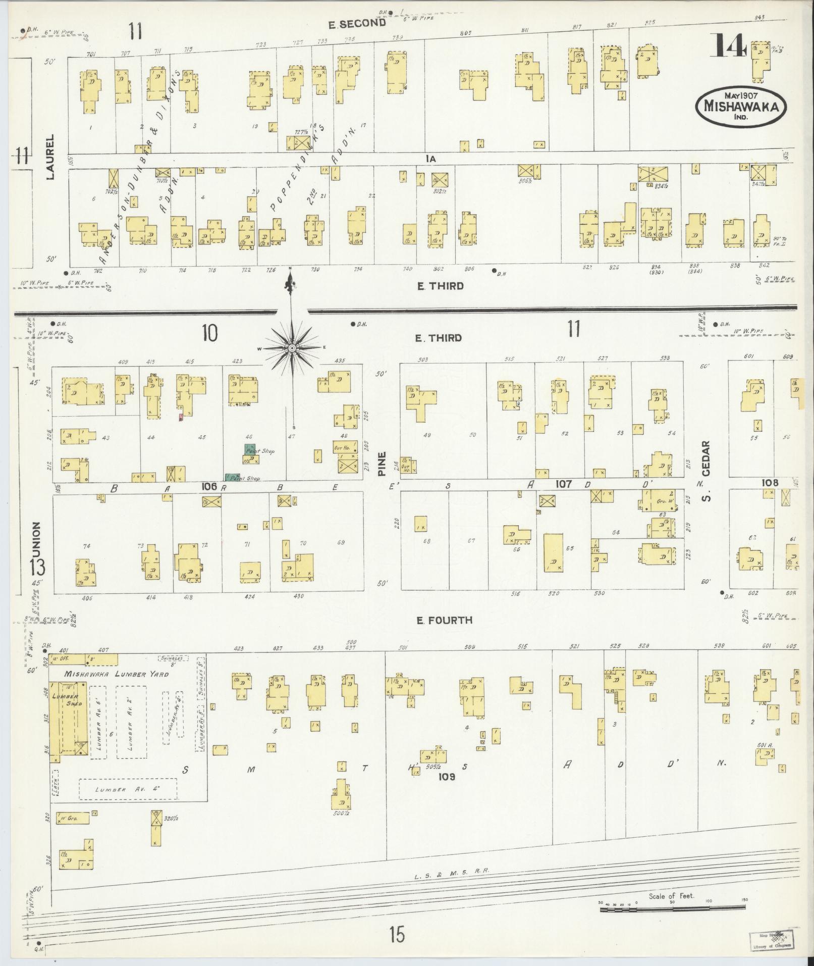 Sanborn Fire Insurance Map from Mishawaka, Saint Joseph County, Indiana (1907), Sheet #0014 - Complete Map Set gallery image, historic Sanborn map, vintage wall art, Indiana Indiana