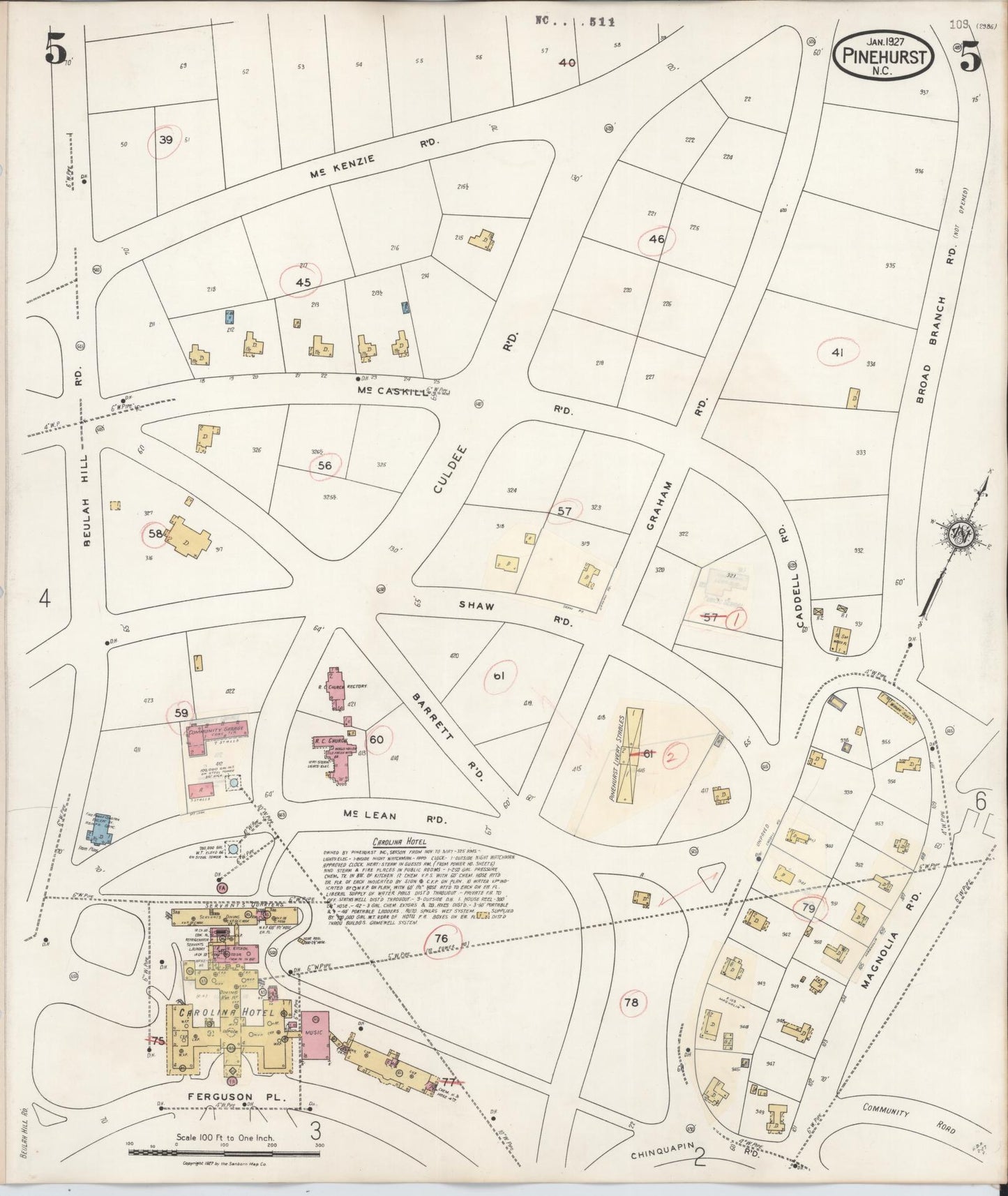 Sanborn Fire Insurance Map from Pinehurst, Moore County, North Carolina (1939), Sheet #0005 - Historic Sanborn Fire Insurance Map Print, vintage old map wall art, antique decor, genealogy gift, North Carolina North Carolina map