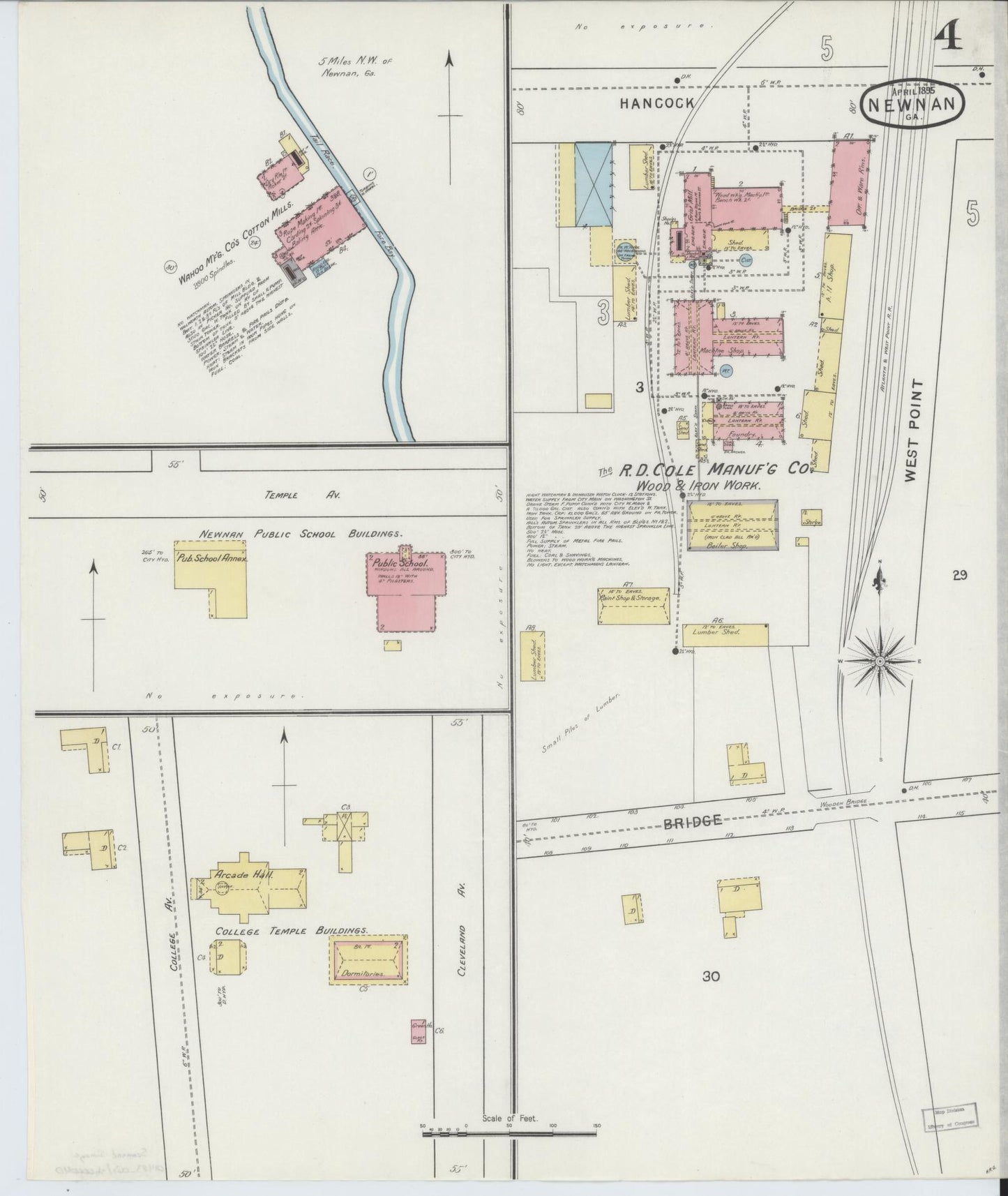 Sanborn Fire Insurance Map from Newnan, Coweta County, Georgia (1895), Sheet #0004 - Historic Sanborn Fire Insurance Map Print, vintage old map wall art, antique decor, genealogy gift, Georgia Georgia map