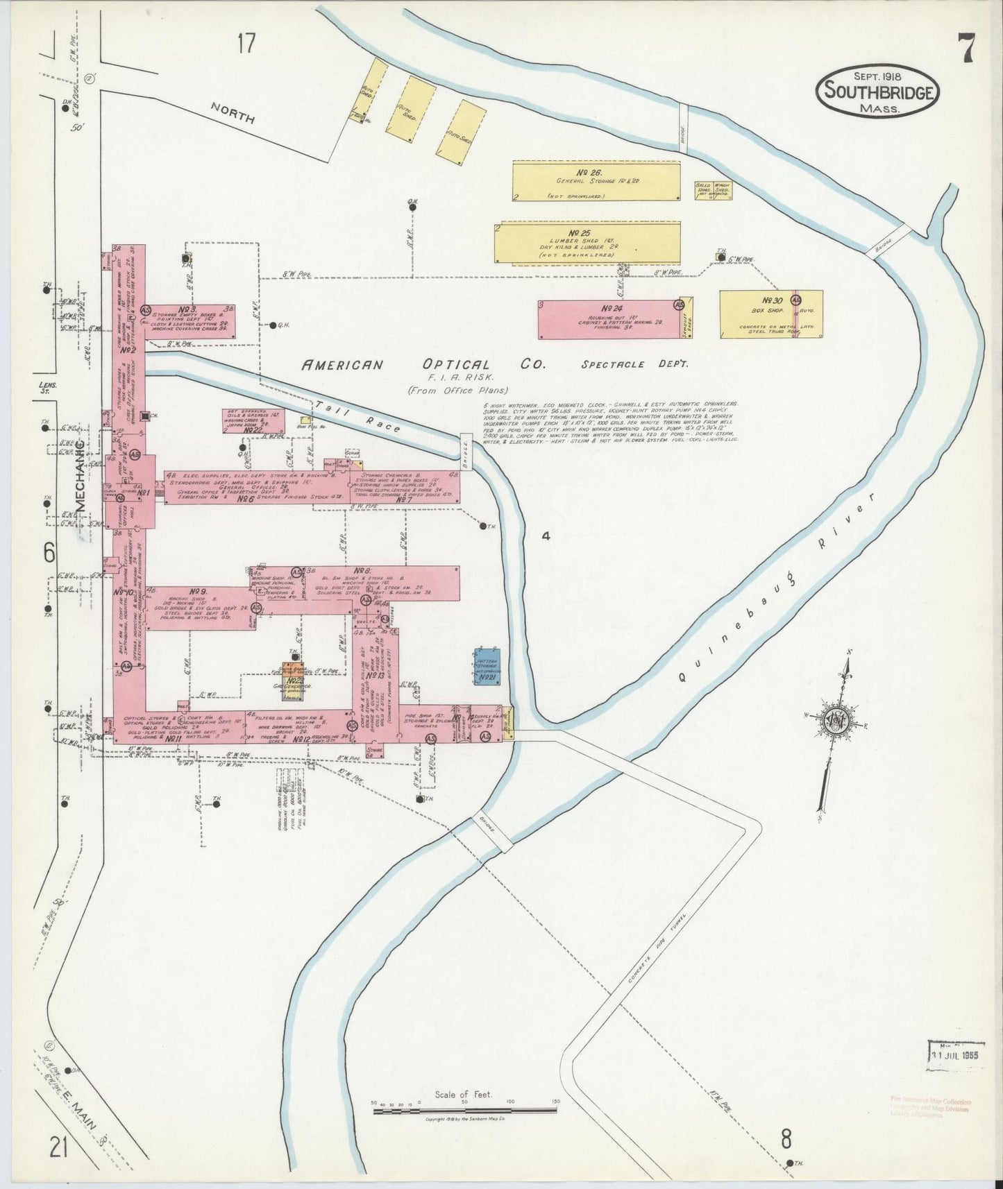 Sanborn Fire Insurance Map from Southbridge, Worcester County, Massachusetts (1918), Sheet #0007 - Historic Sanborn Fire Insurance Map Print, vintage old map wall art, antique decor, genealogy gift, Massachusetts Massachusetts map