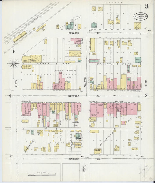 Sanborn Fire Insurance Map from Norfolk, Madison County, Nebraska (1897), Sheet #0003 - Historic Sanborn Fire Insurance Map Print, vintage old map wall art, antique decor, genealogy gift, Nebraska Nebraska map