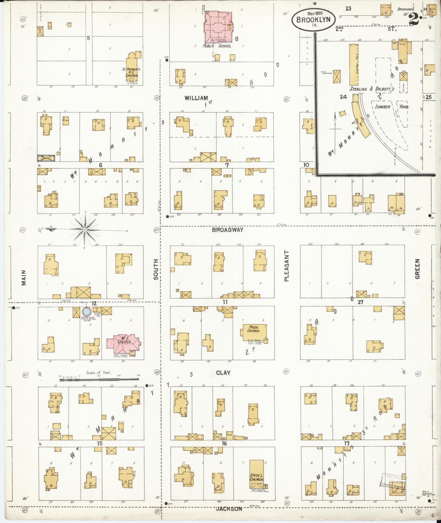 Sanborn Fire Insurance Map from Brooklyn, Poweshiek County, Iowa (1899), Sheet #0002 - Historic Sanborn Fire Insurance Map Print, vintage old map wall art